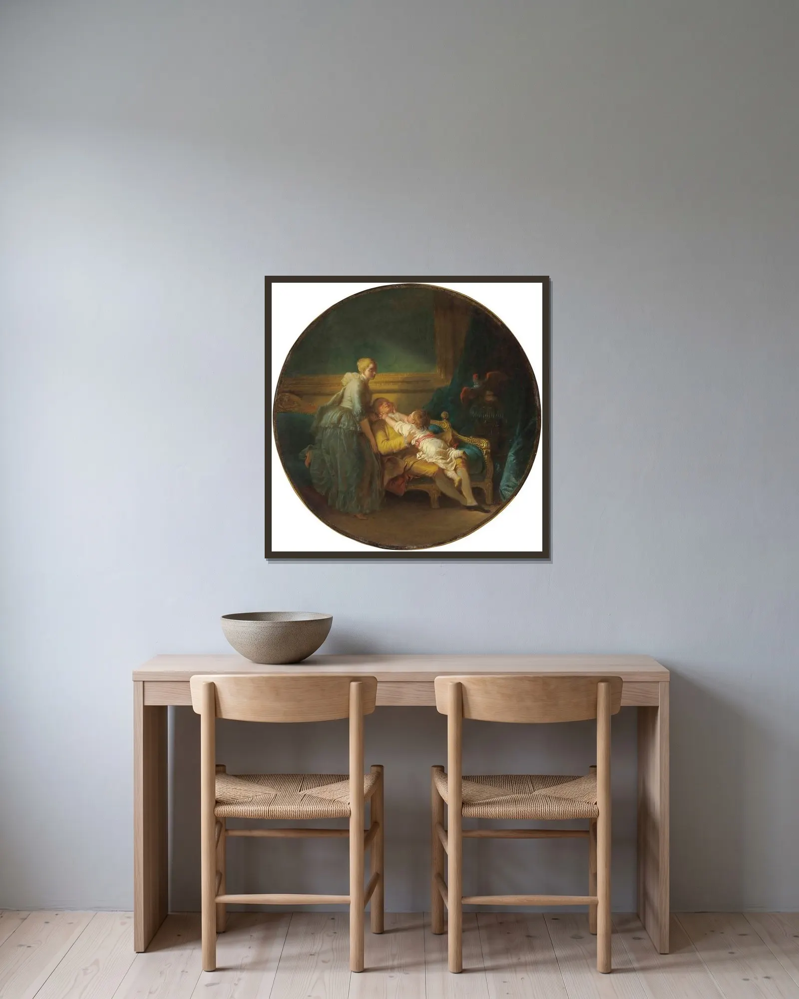 L’heureux Ménage (‘the Happy Household’) av Jean-Honoré Fragonard inramad på en vägg