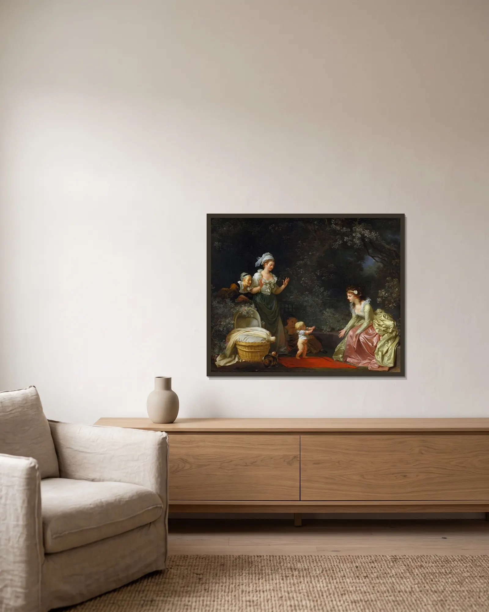 The First Steps av Jean-Honoré Fragonard inramad på en vägg