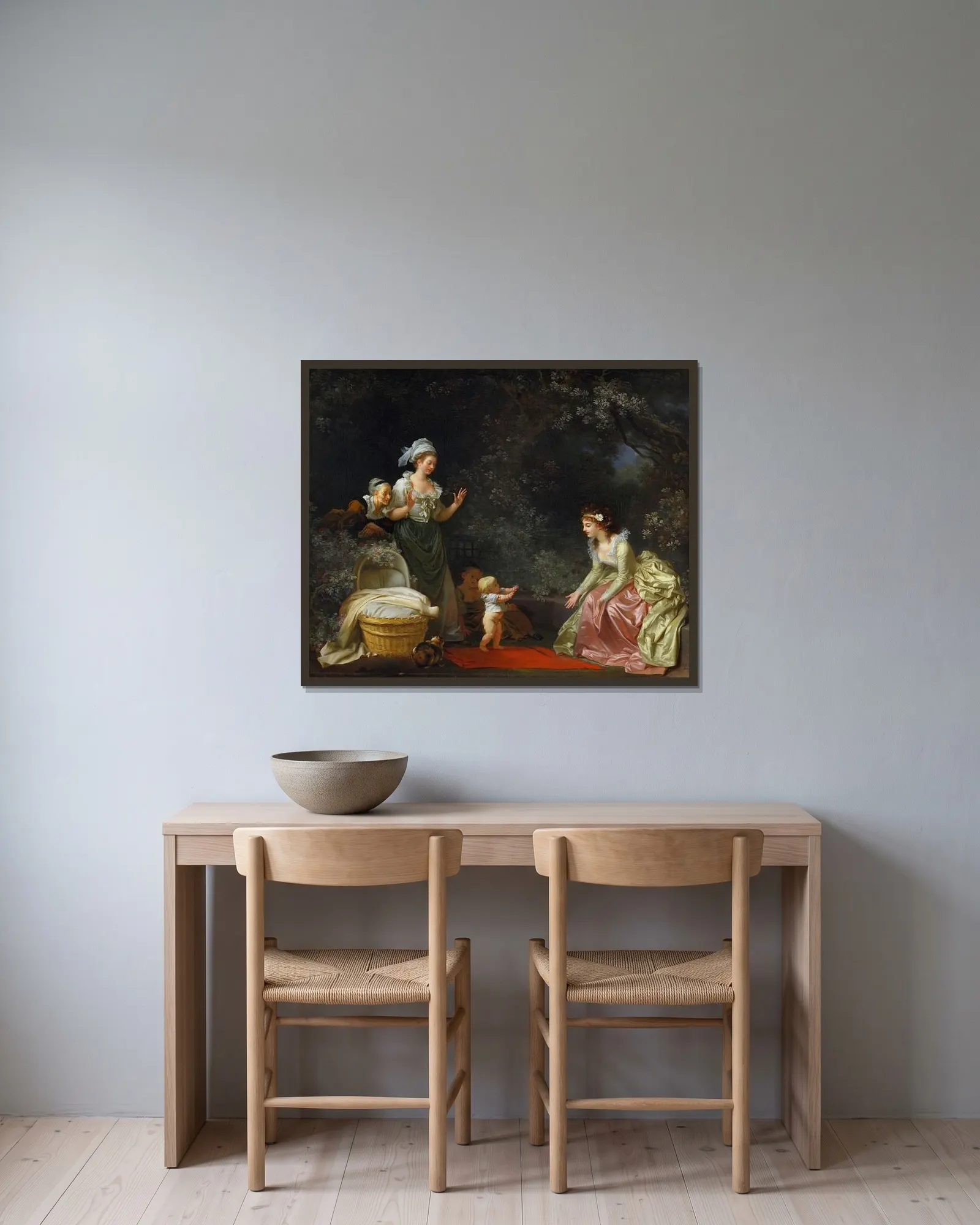 The First Steps av Jean-Honoré Fragonard inramad på en vägg