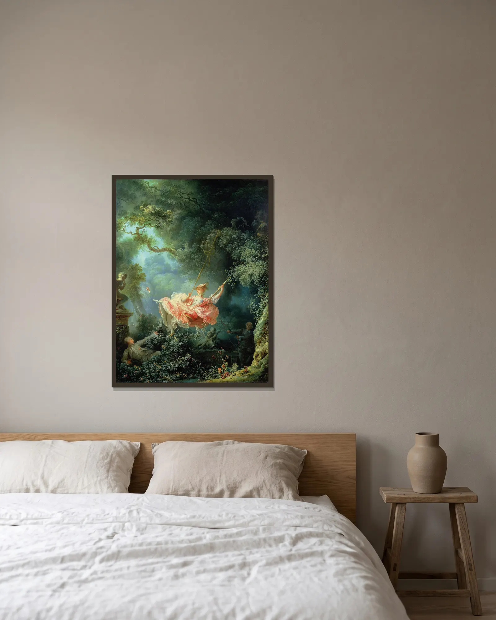 The Swing av Jean-Honoré Fragonard inramad på en vägg