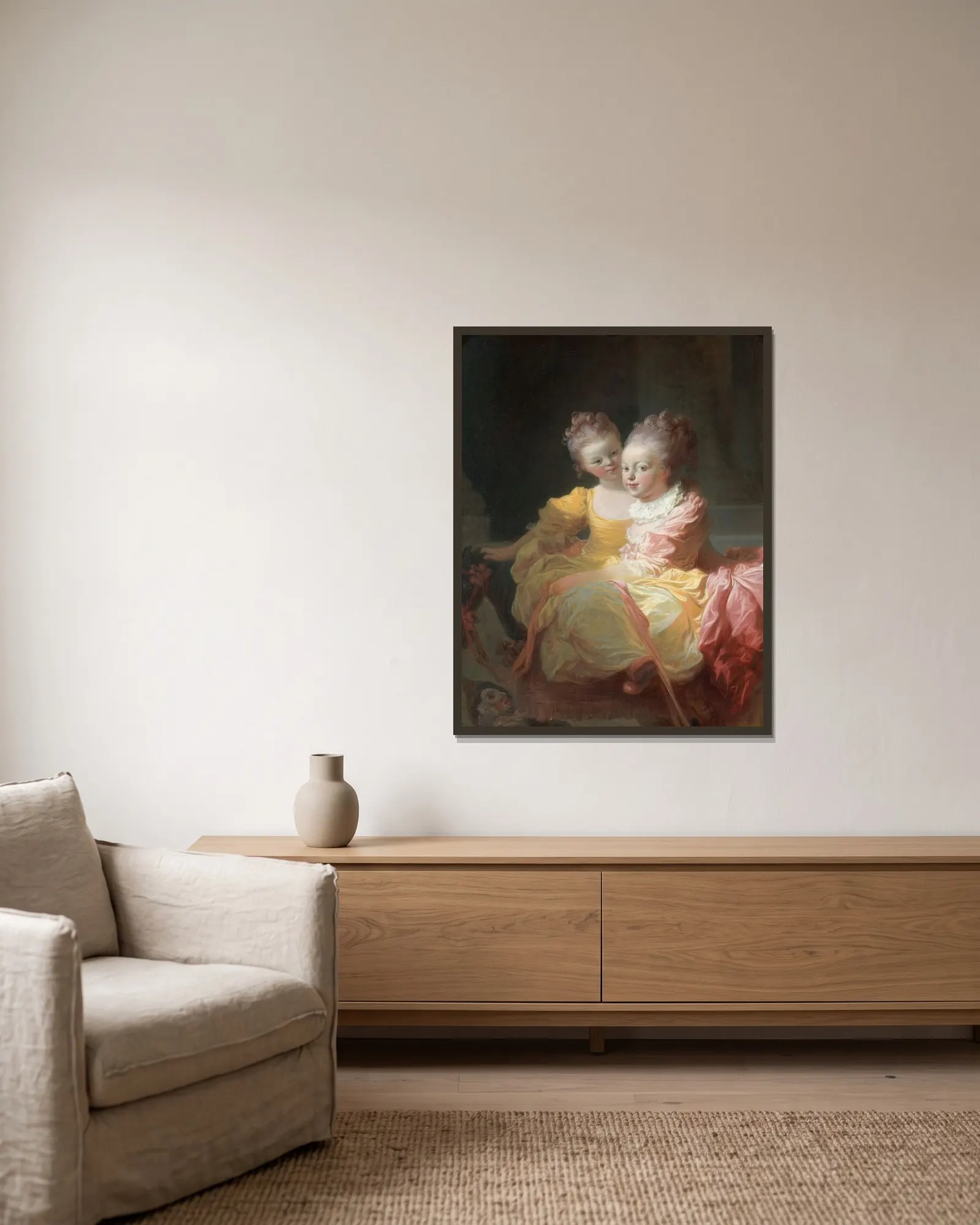 The Two Sisters av Jean-Honoré Fragonard inramad på en vägg