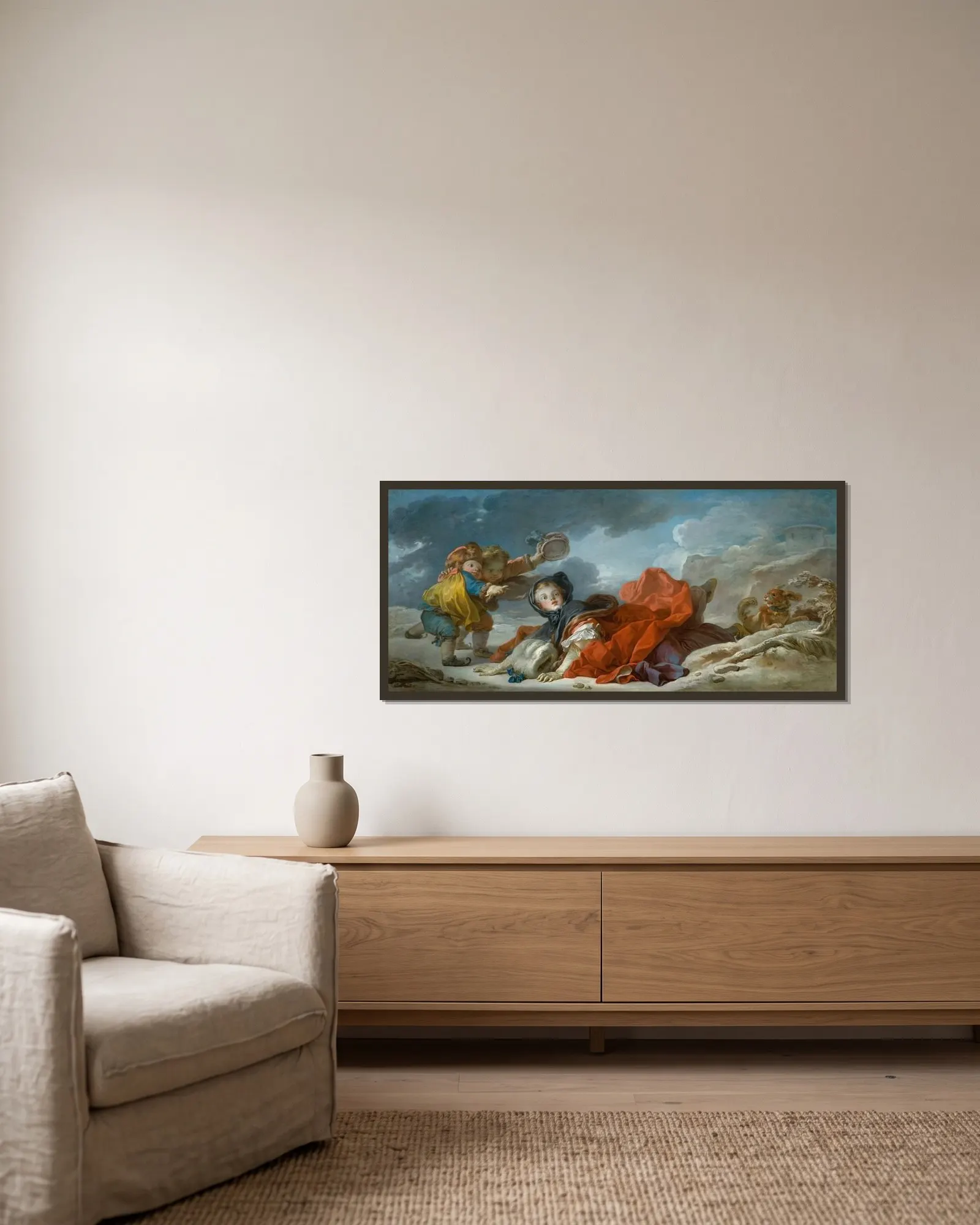 Winter av Jean-Honoré Fragonard inramad på en vägg