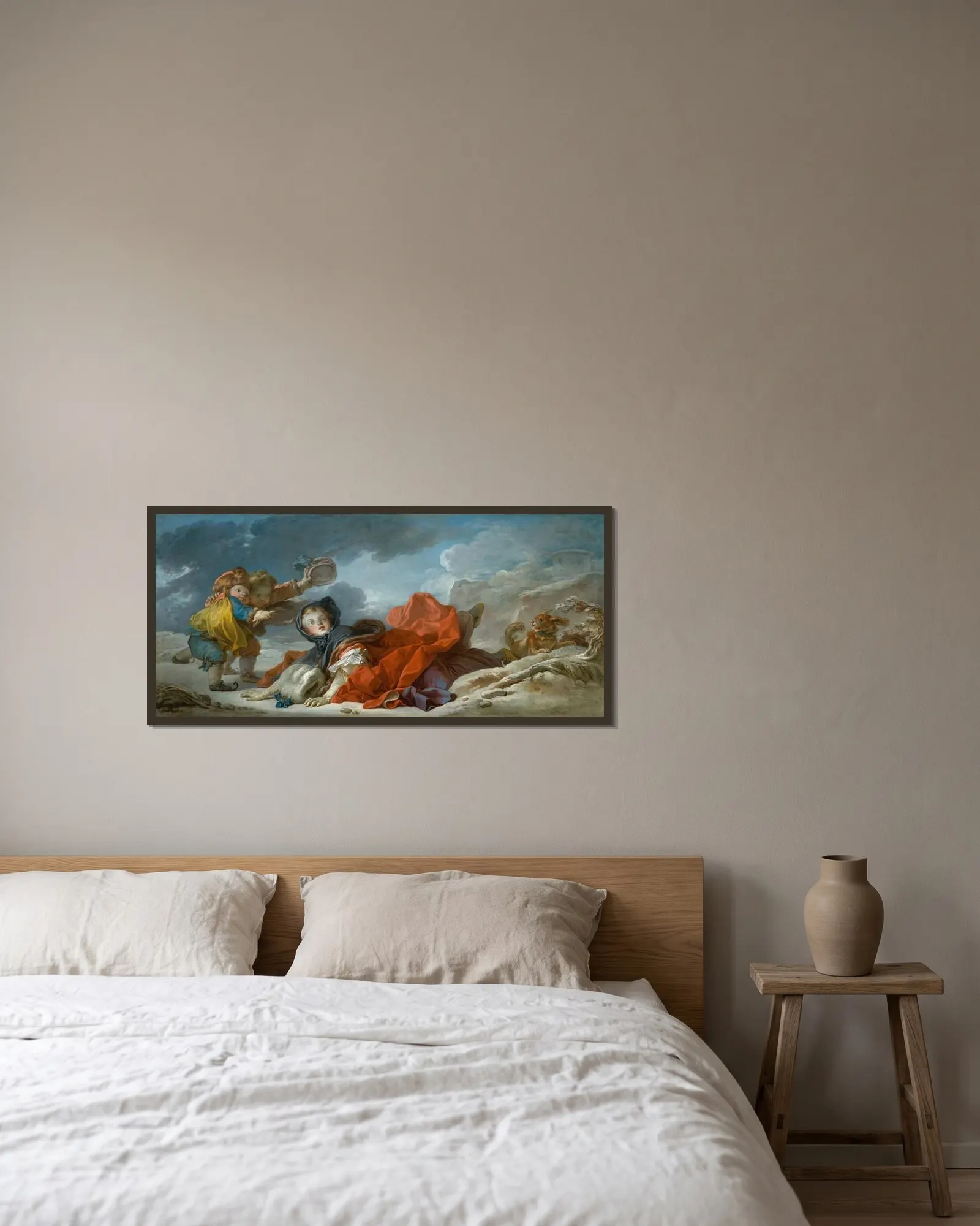 Winter av Jean-Honoré Fragonard inramad på en vägg