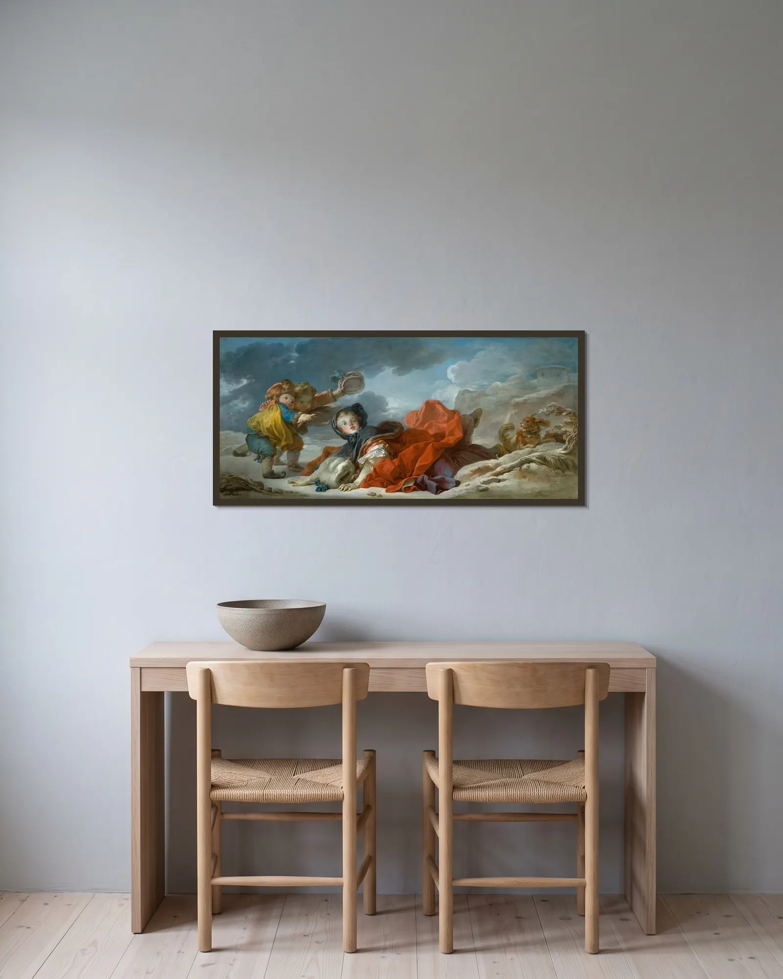 Winter av Jean-Honoré Fragonard inramad på en vägg