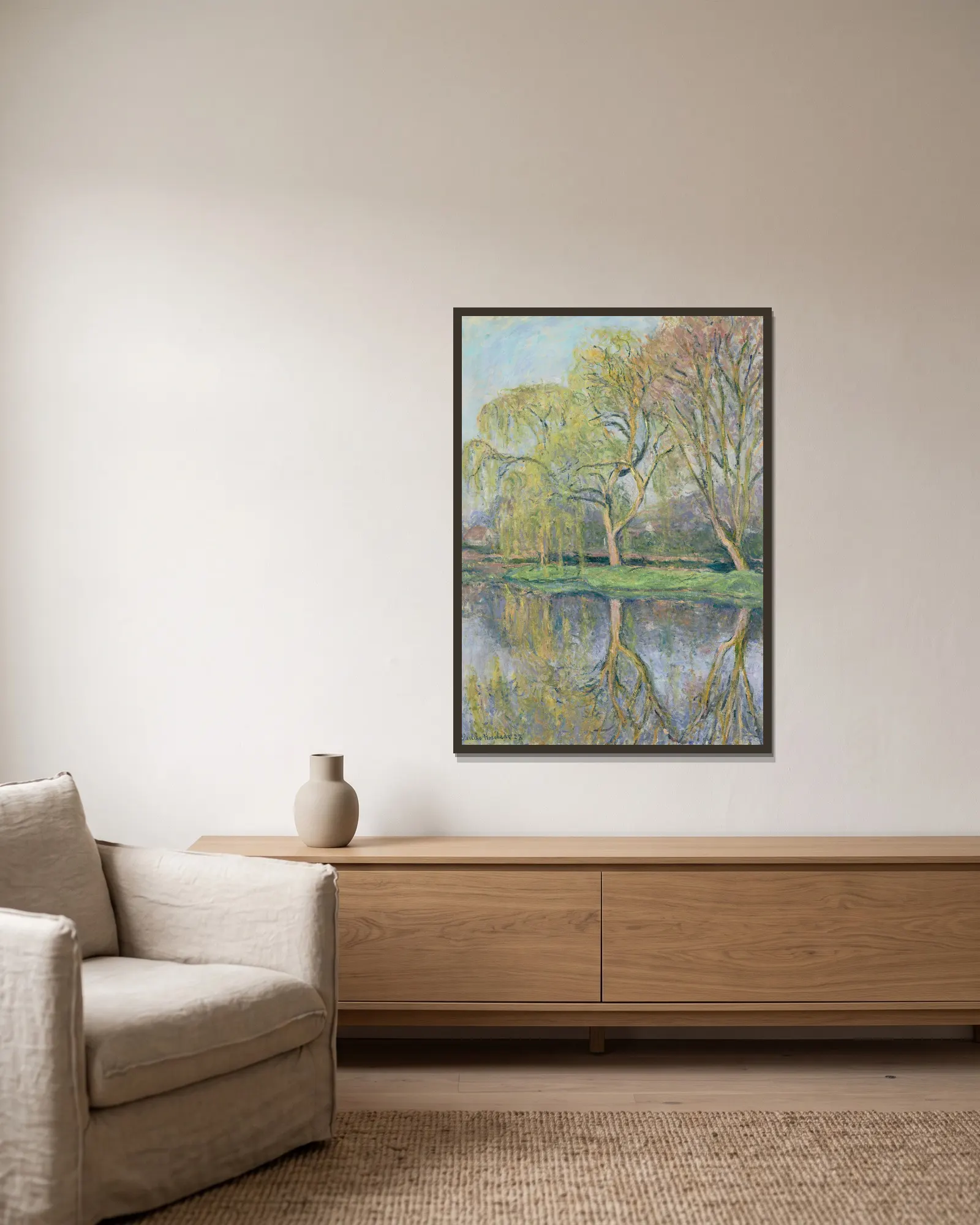 Le Printemps (Le bassin aux nymphéas à Giverny) av Blanche Hoschedé-Monet inramad på en vägg