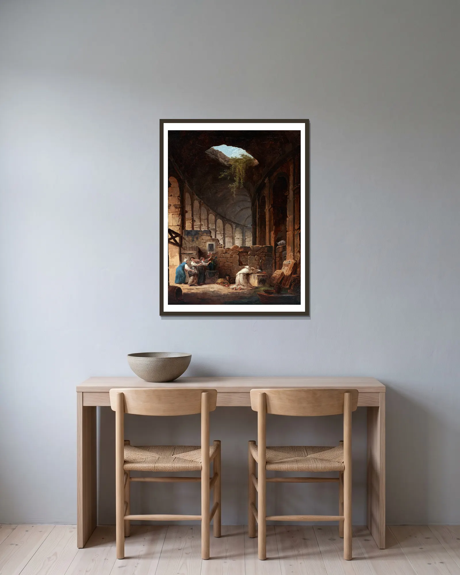 Hermit in the Colosseum av Hubert Robert inramad på en vägg