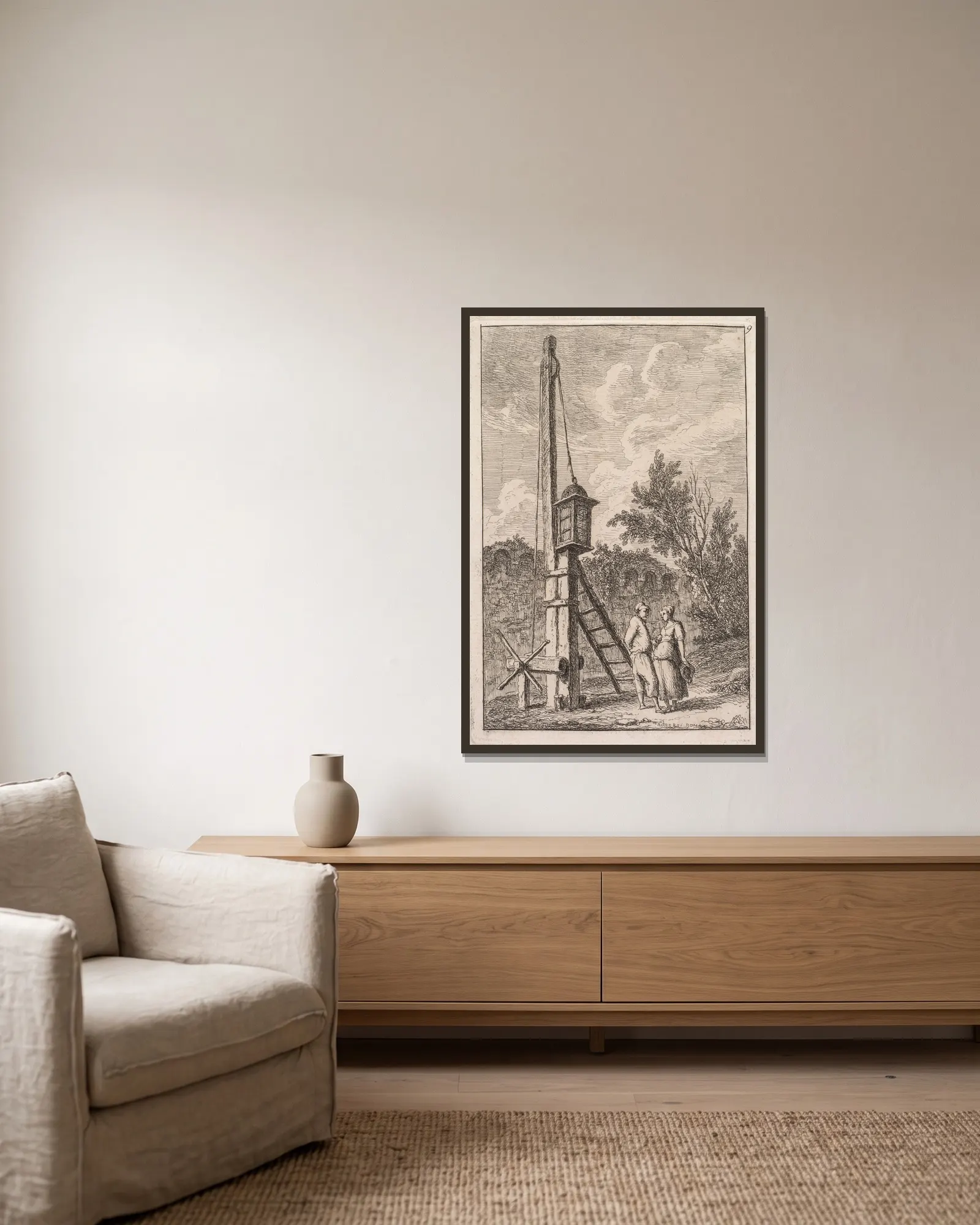 Le Poteau av Hubert Robert inramad på en vägg