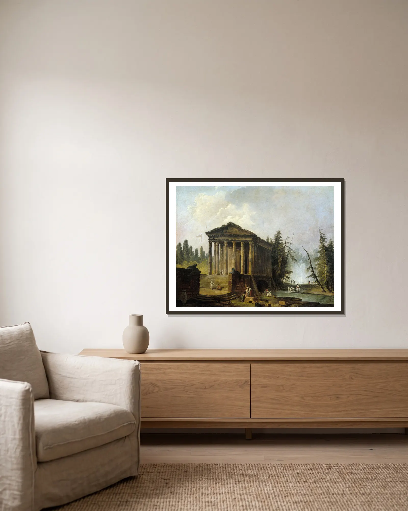 Le Temple antique av Hubert Robert inramad på en vägg