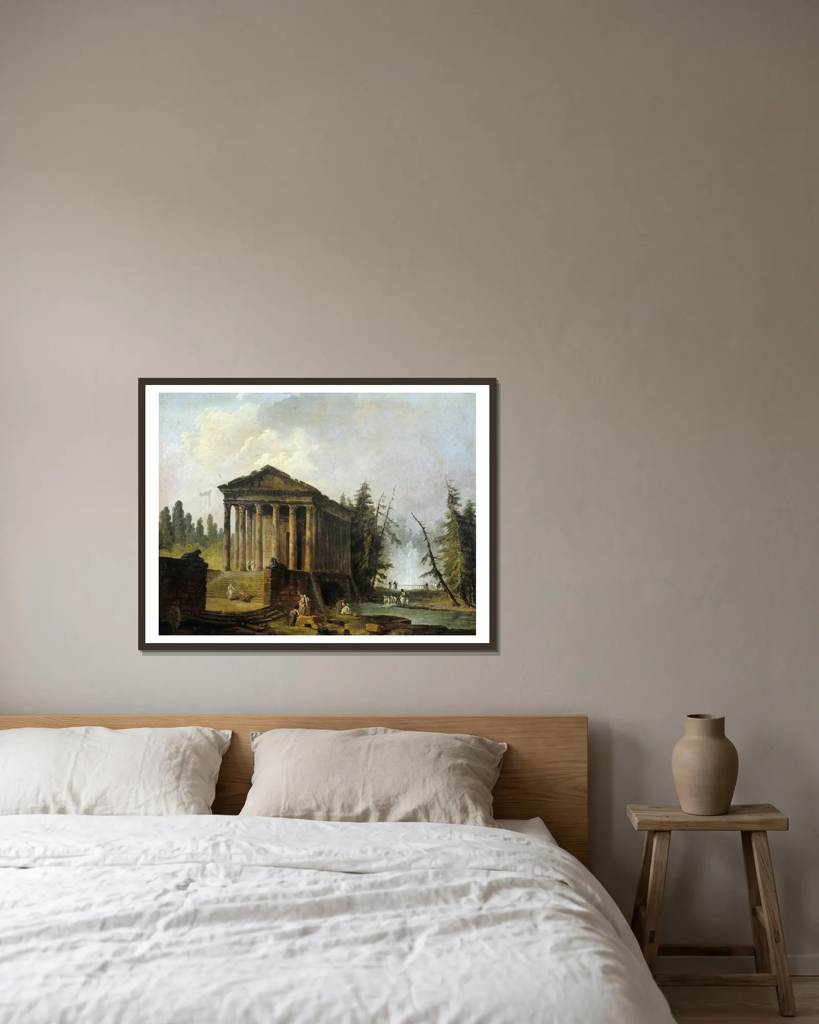 Le Temple antique av Hubert Robert inramad på en vägg