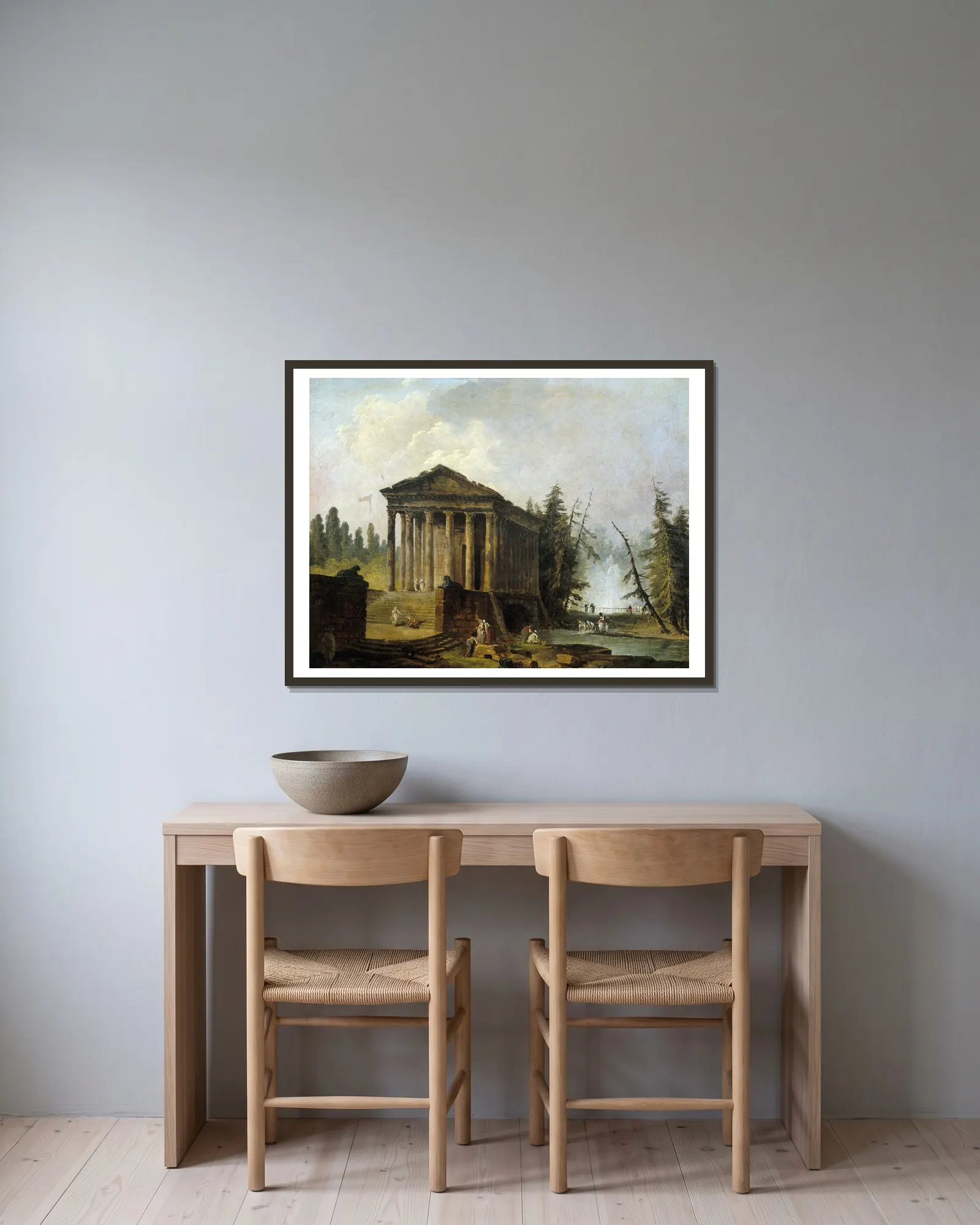 Le Temple antique av Hubert Robert inramad på en vägg