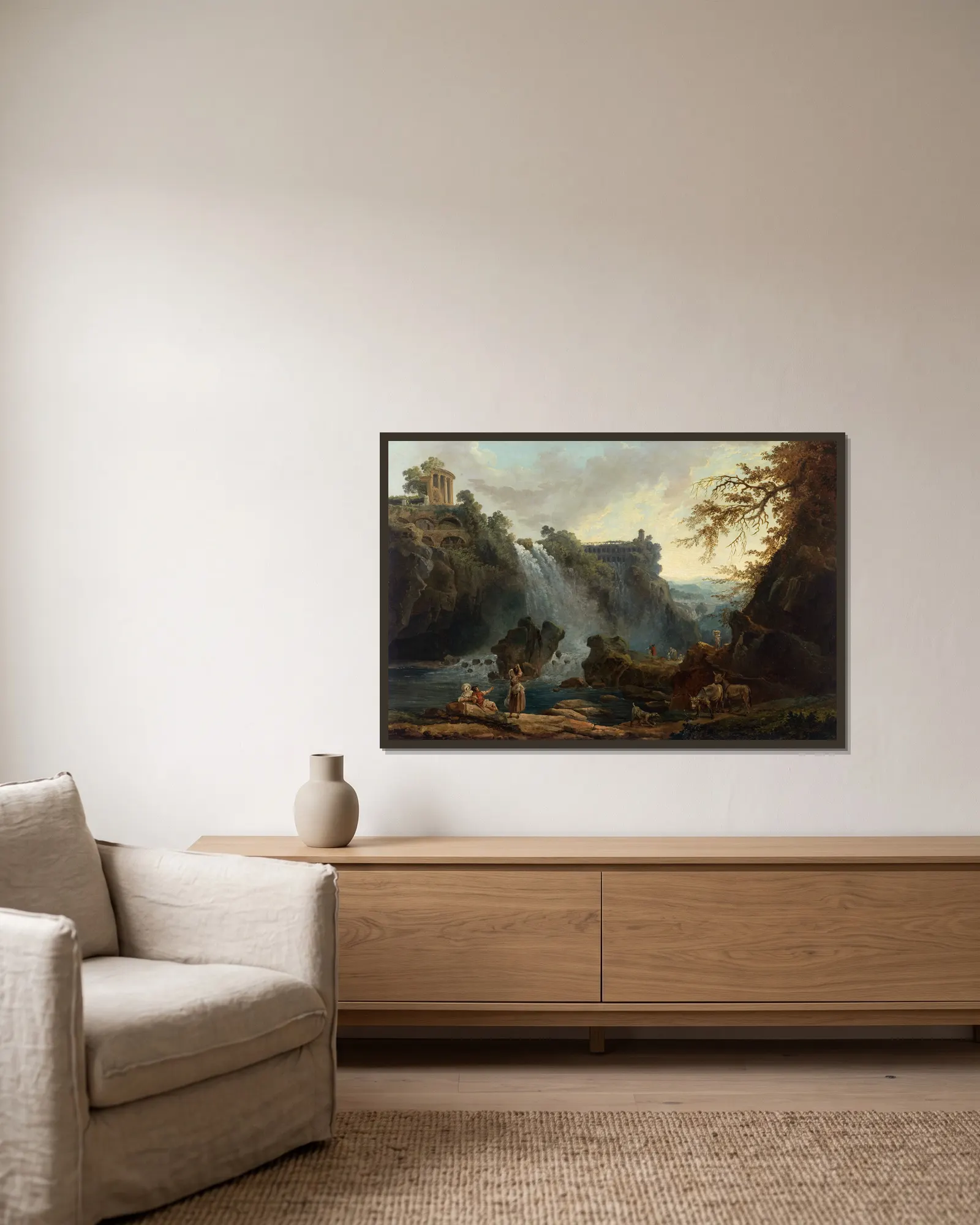 Les Cascatelles de Tivoli av Hubert Robert inramad på en vägg