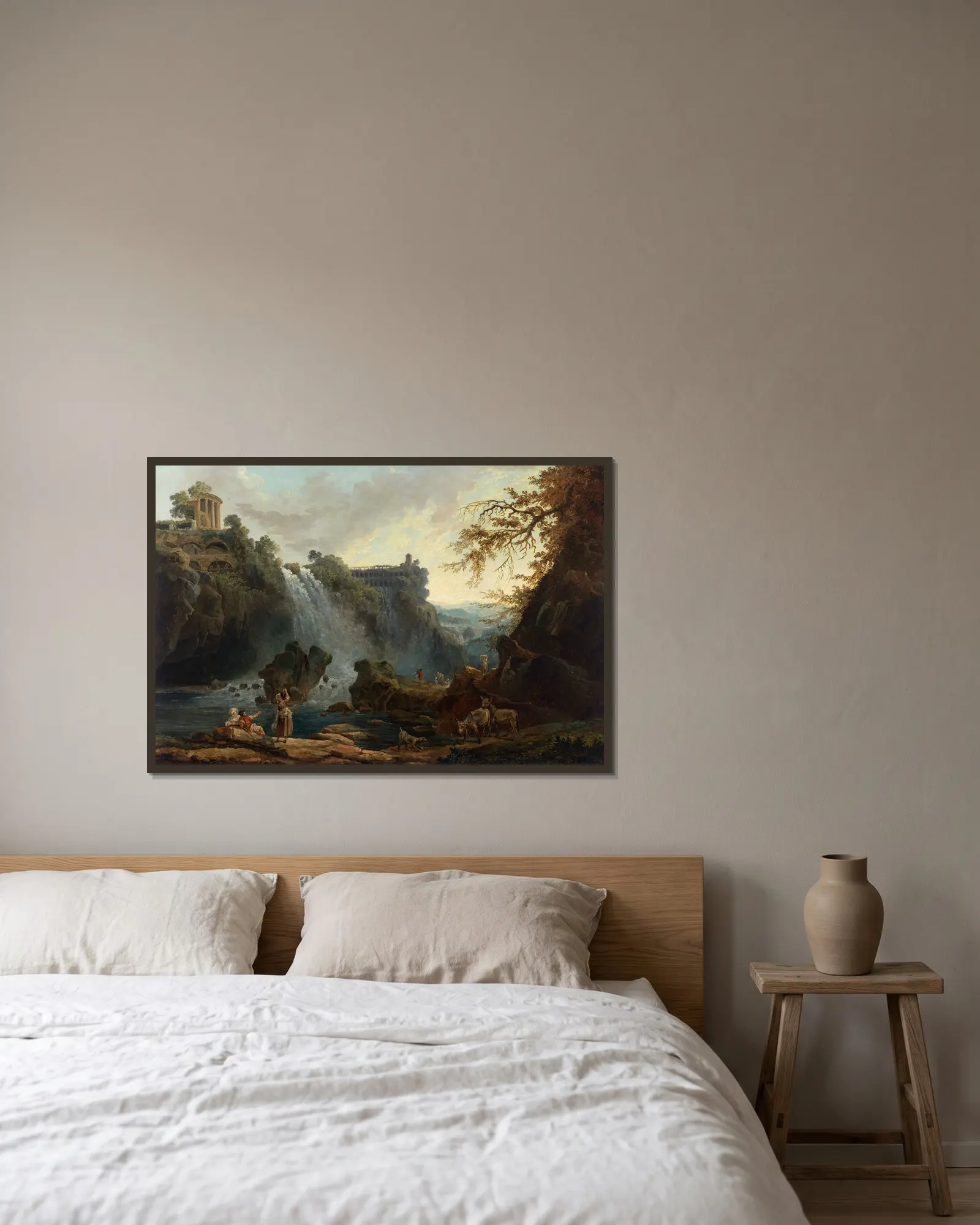 Les Cascatelles de Tivoli av Hubert Robert inramad på en vägg