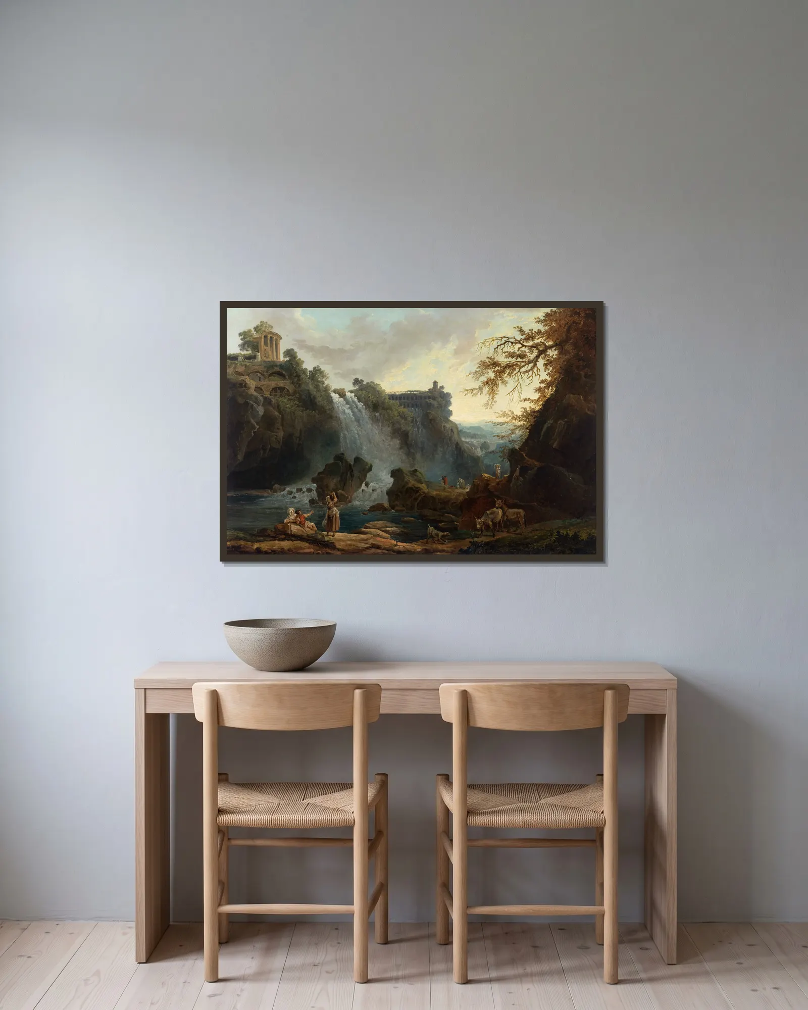 Les Cascatelles de Tivoli av Hubert Robert inramad på en vägg