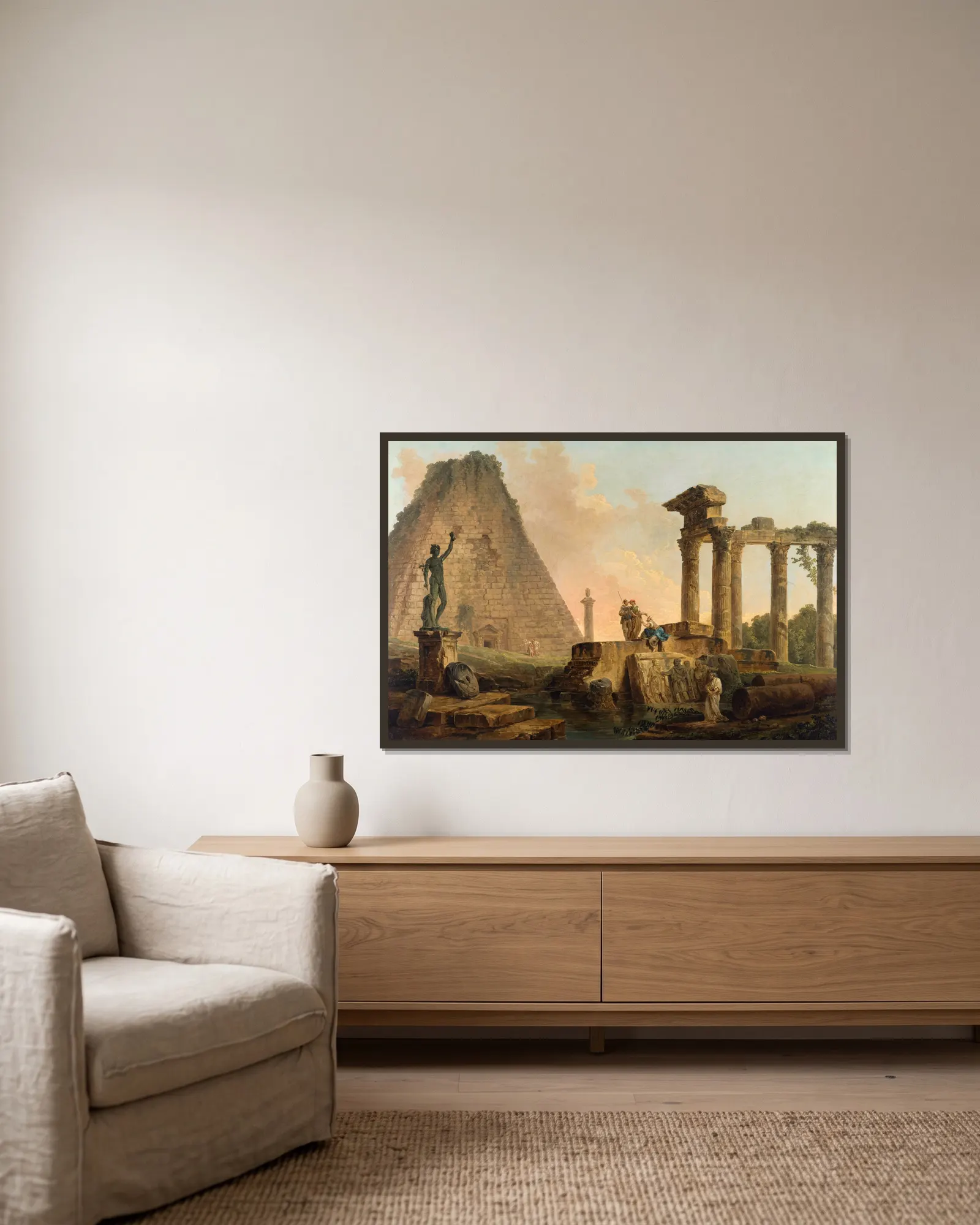 Ruines Romaines av Hubert Robert inramad på en vägg