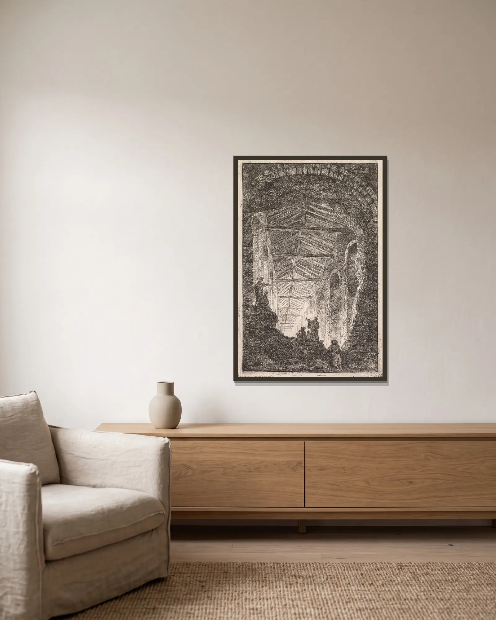 The Antique Gallery av Hubert Robert inramad på en vägg