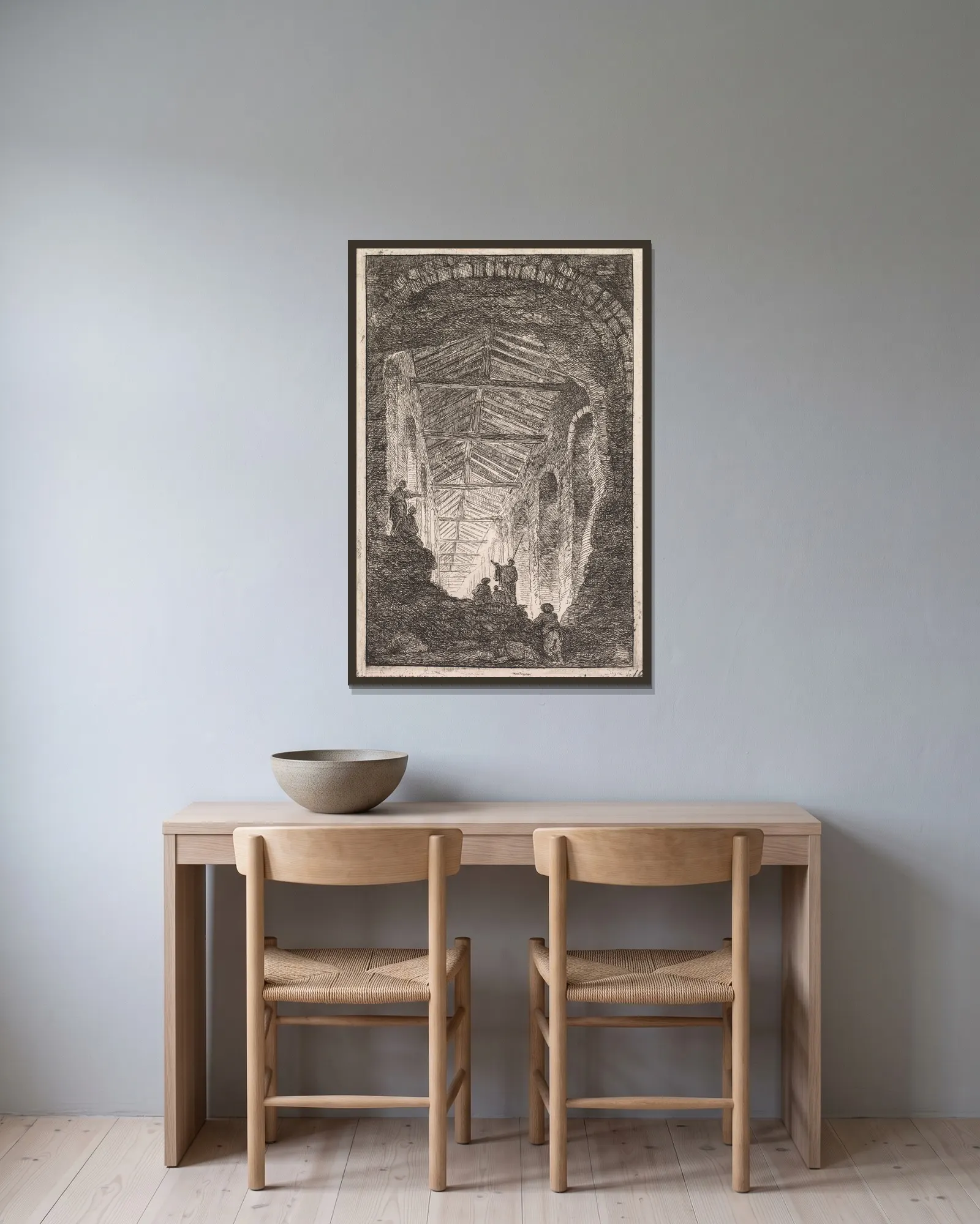 The Antique Gallery av Hubert Robert inramad på en vägg
