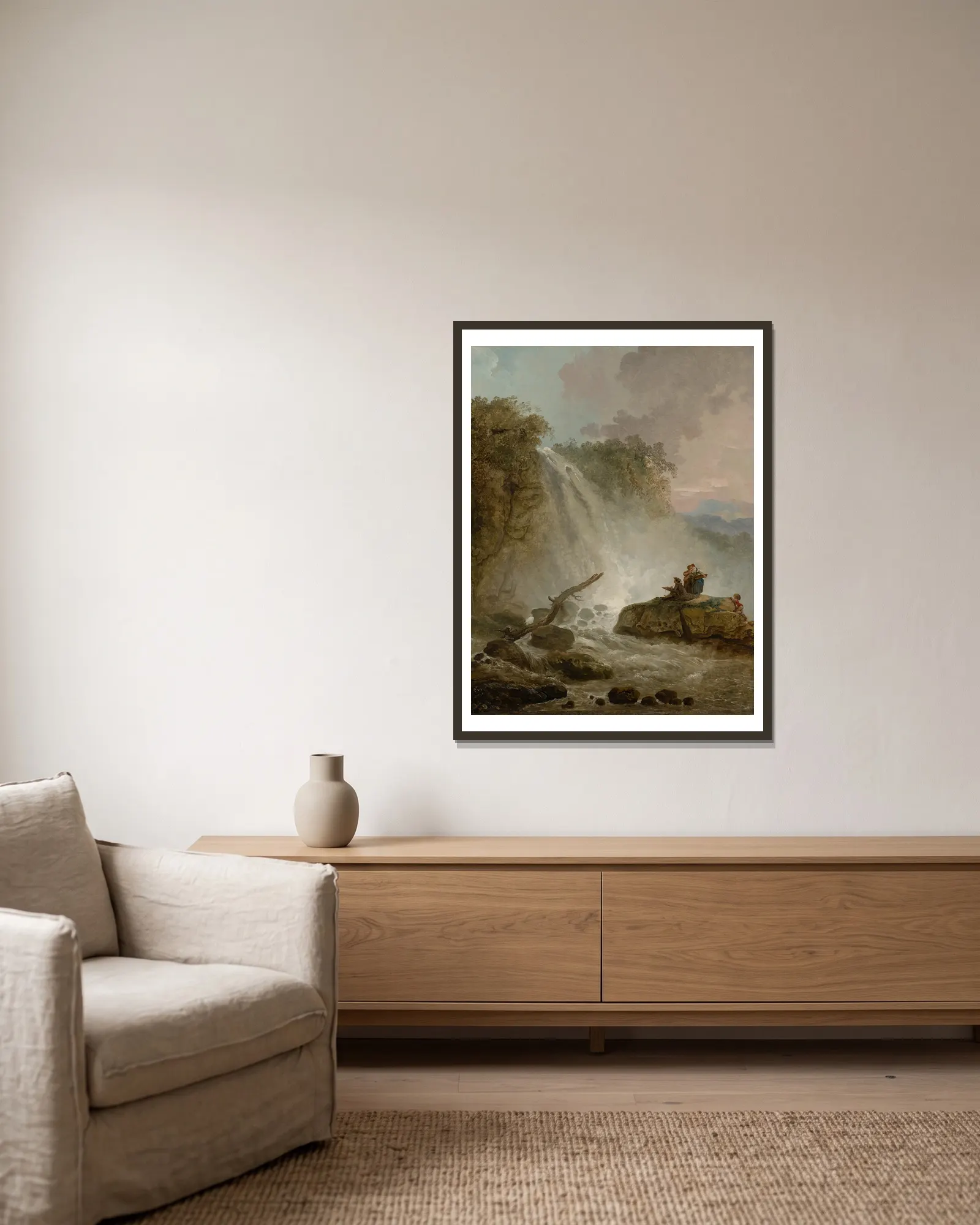 Waterfall with Drawing Artist av Hubert Robert inramad på en vägg