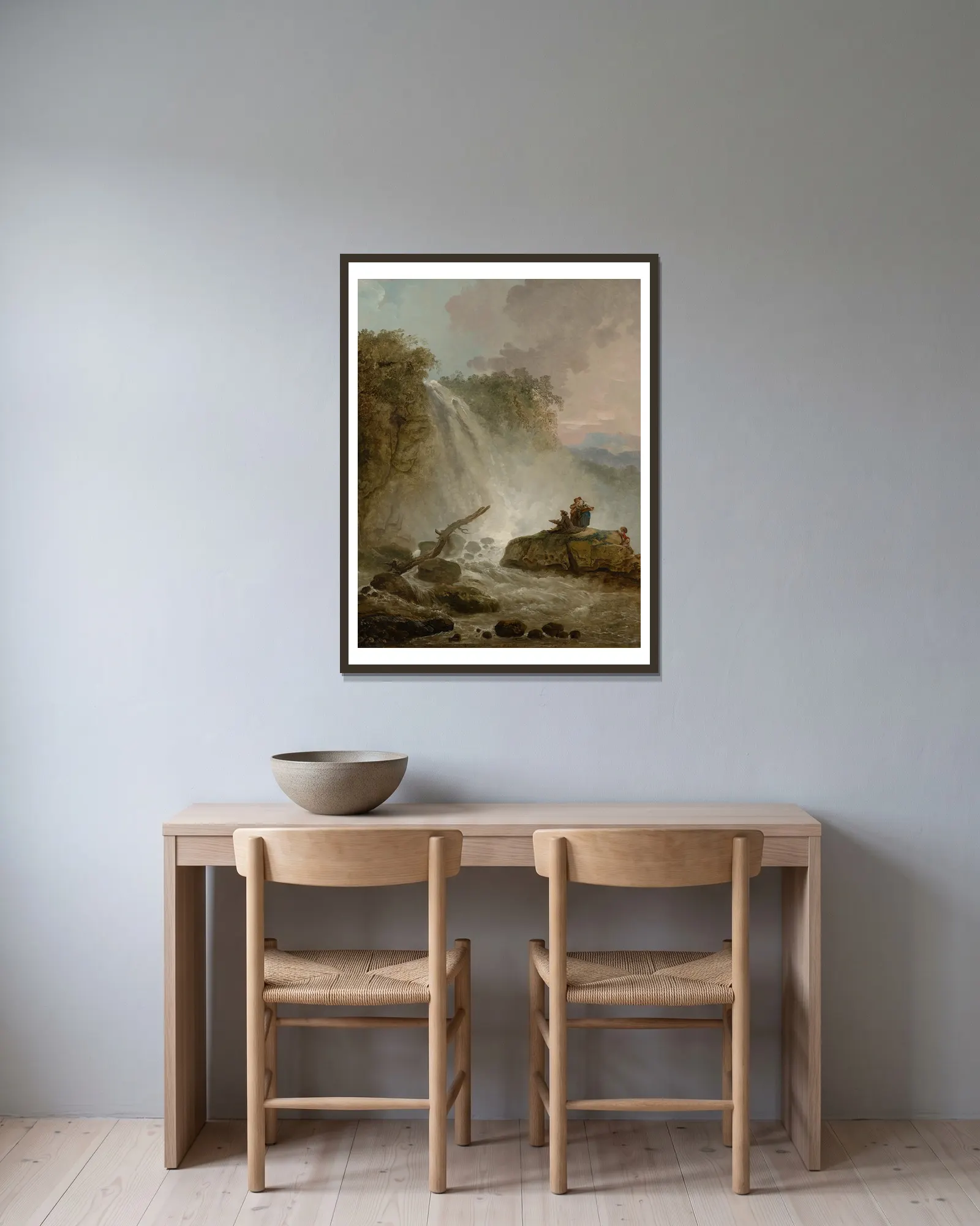 Waterfall with Drawing Artist av Hubert Robert inramad på en vägg