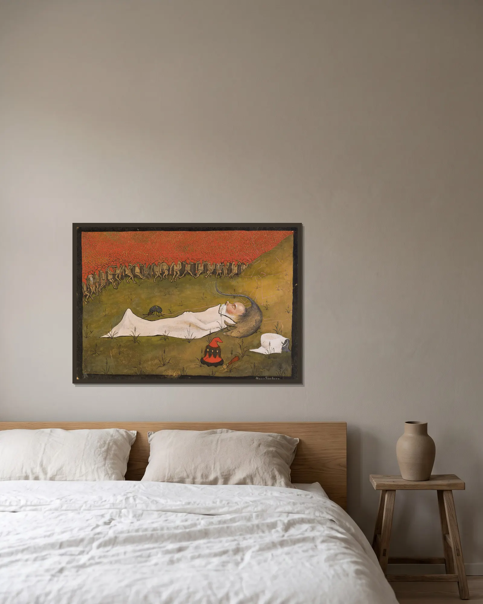 King Hobgoblin Sleeping av Hugo Simberg inramad på en vägg