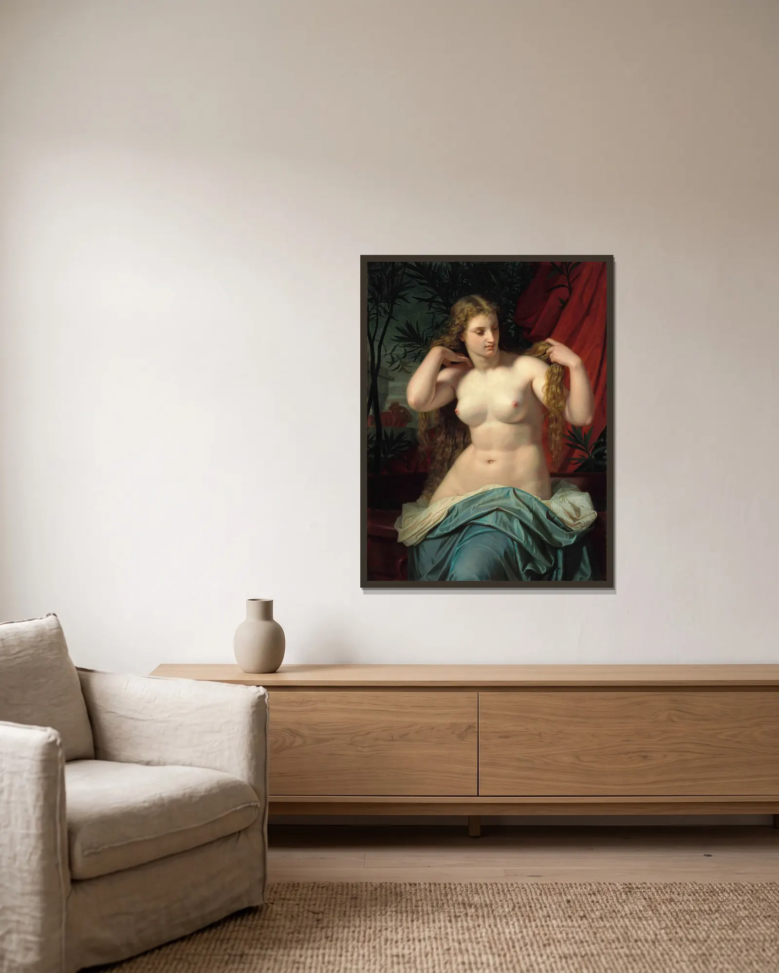Bathsebée av Hugues Merle inramad på en vägg