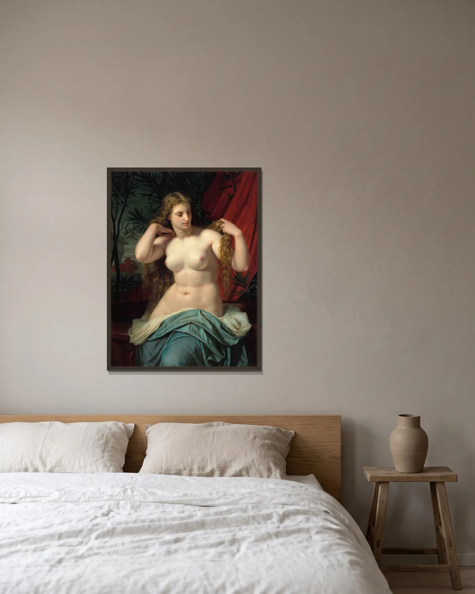 Bathsebée av Hugues Merle inramad på en vägg