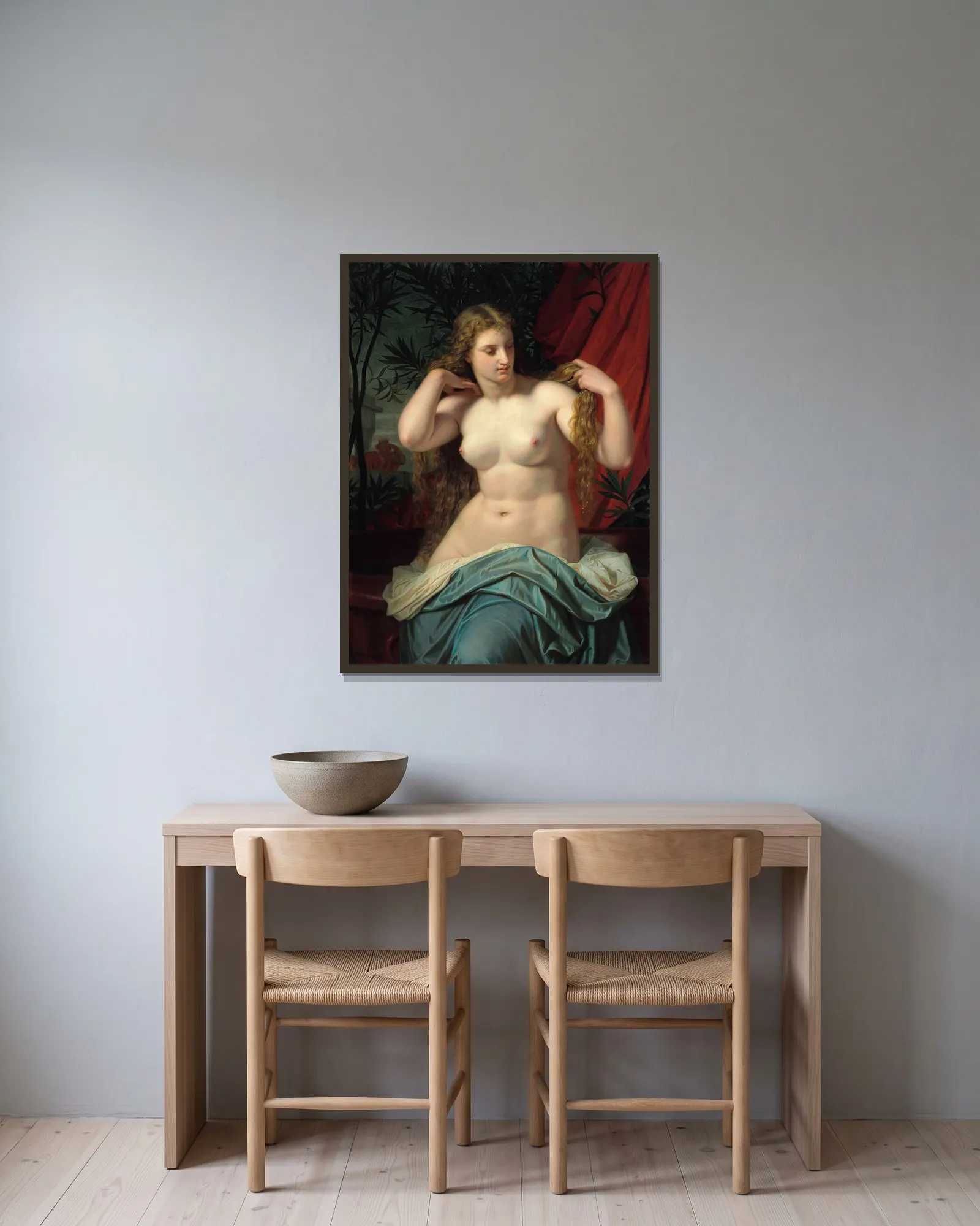 Bathsebée av Hugues Merle inramad på en vägg