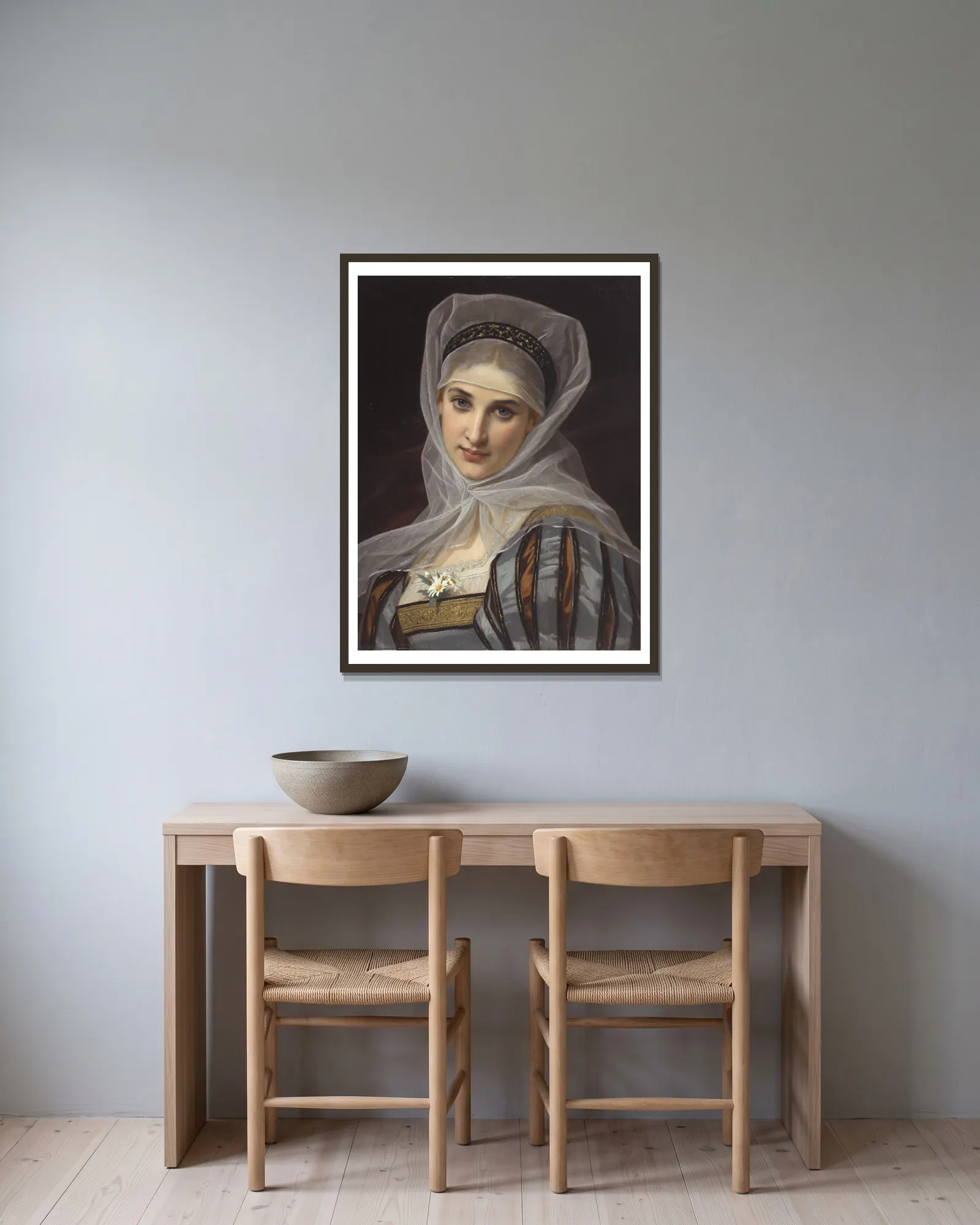 Marguerite av Hugues Merle inramad på en vägg
