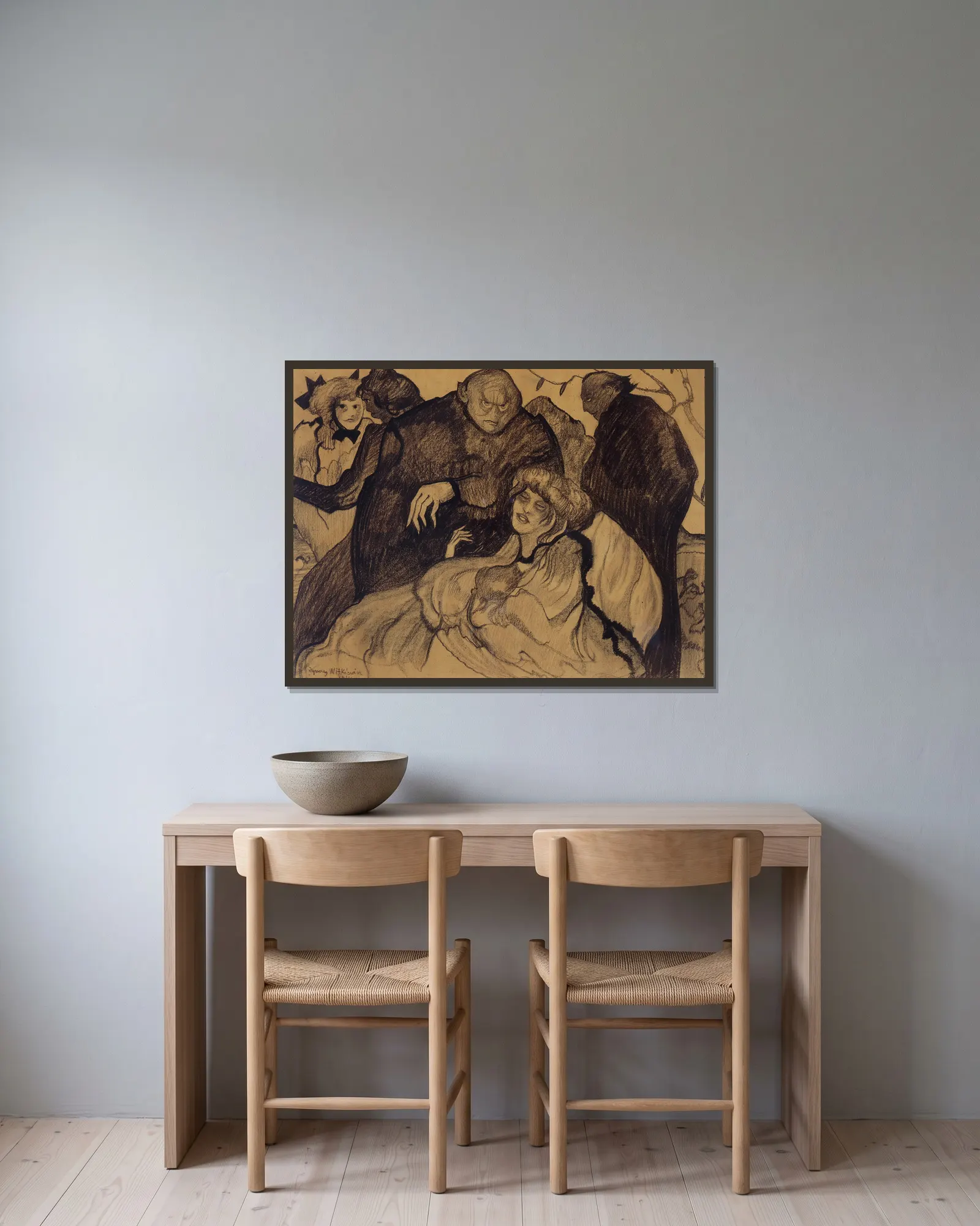 Figural composition av Stanisław Ignacy Witkiewicz inramad på en vägg