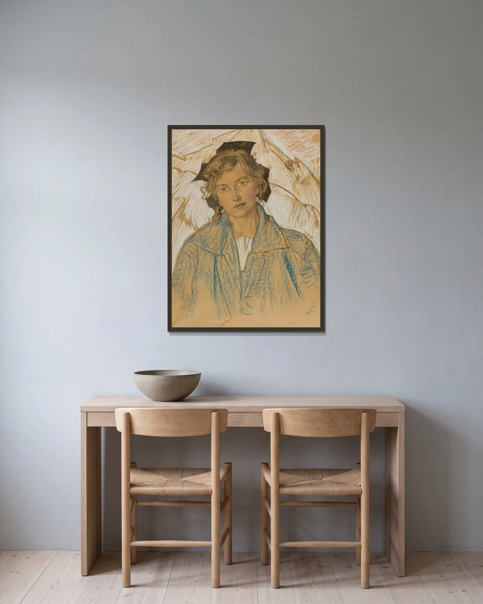 Portret Karoliny Underowicz av Stanisław Ignacy Witkiewicz inramad på en vägg