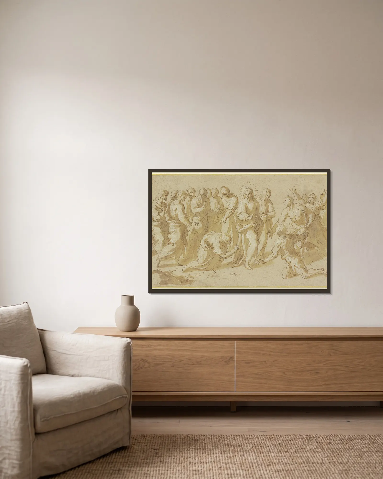 Christus und die Ehebrecherin av Jacopo Palma il Giovane inramad på en vägg