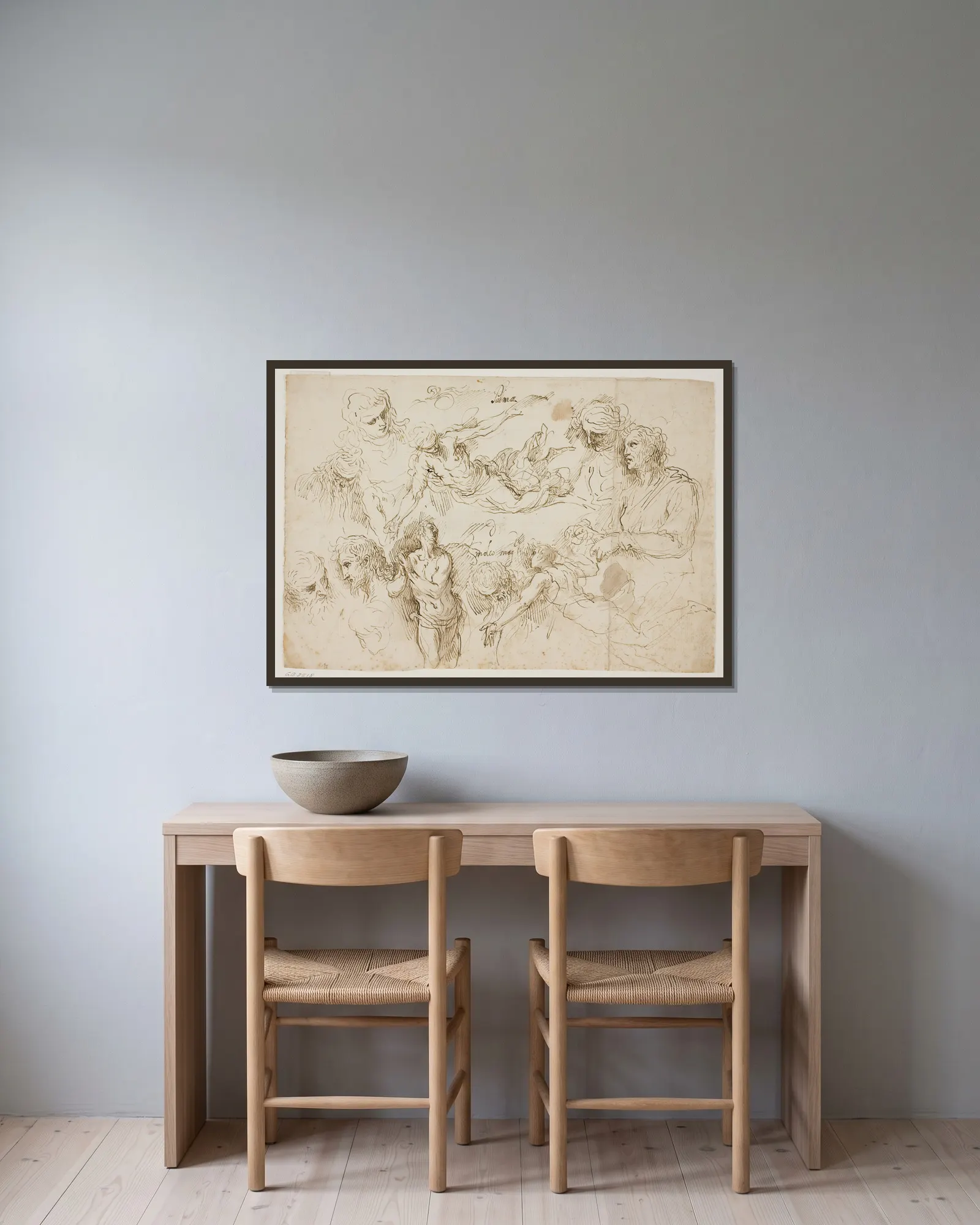 Studieblad med figurer av Jacopo Palma il Giovane inramad på en vägg