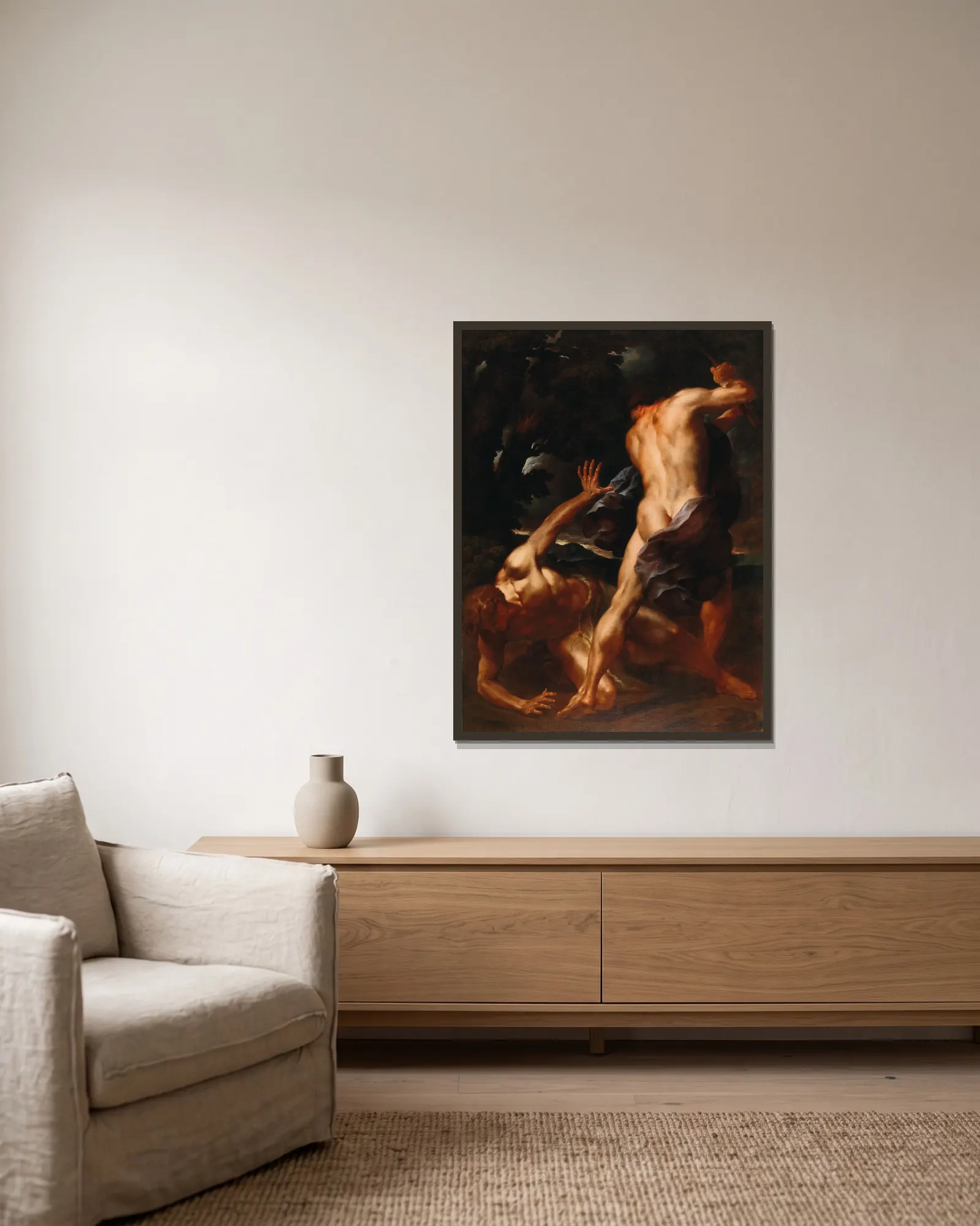 Cain and Abel av Italian School inramad på en vägg