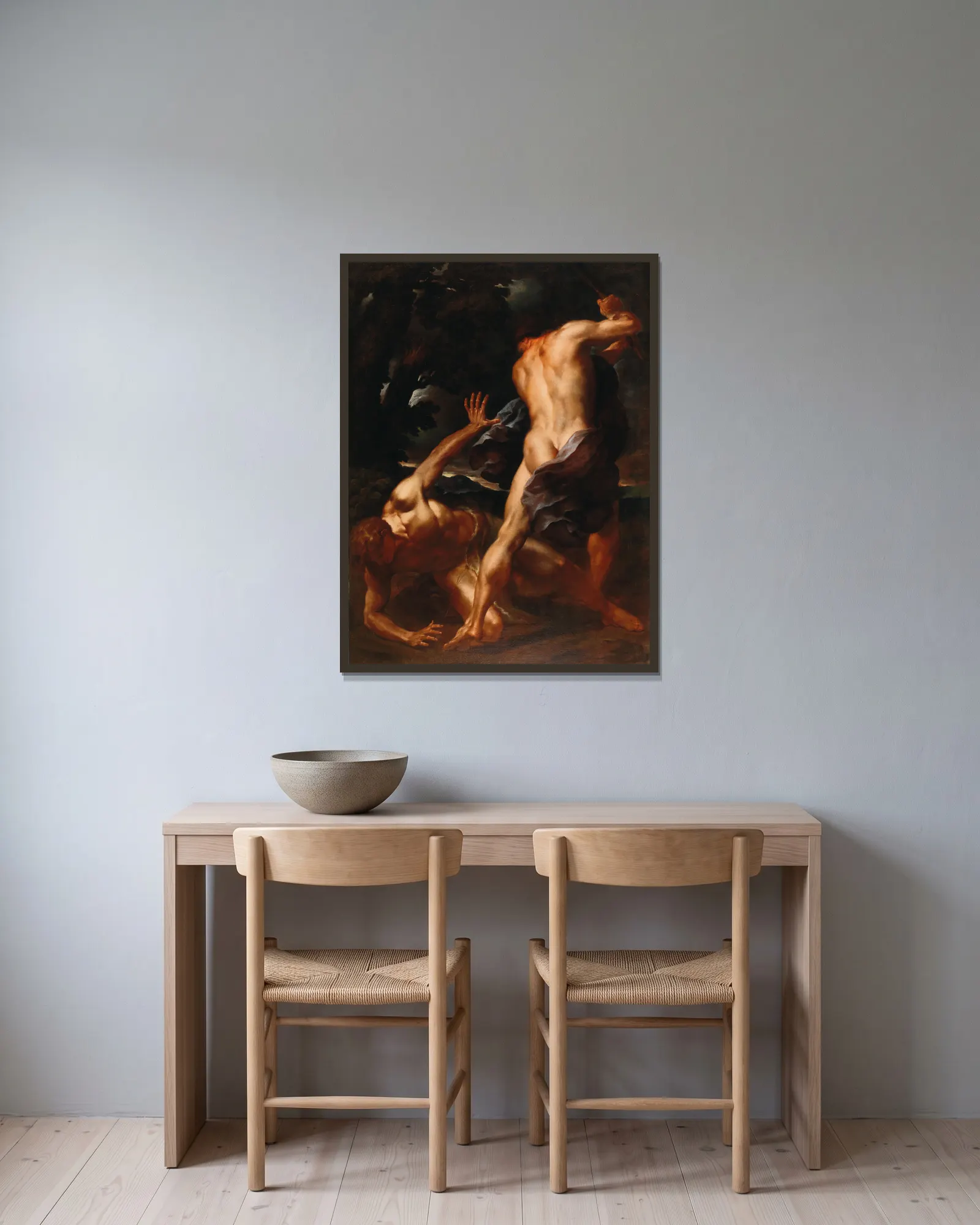 Cain and Abel av Italian School inramad på en vägg