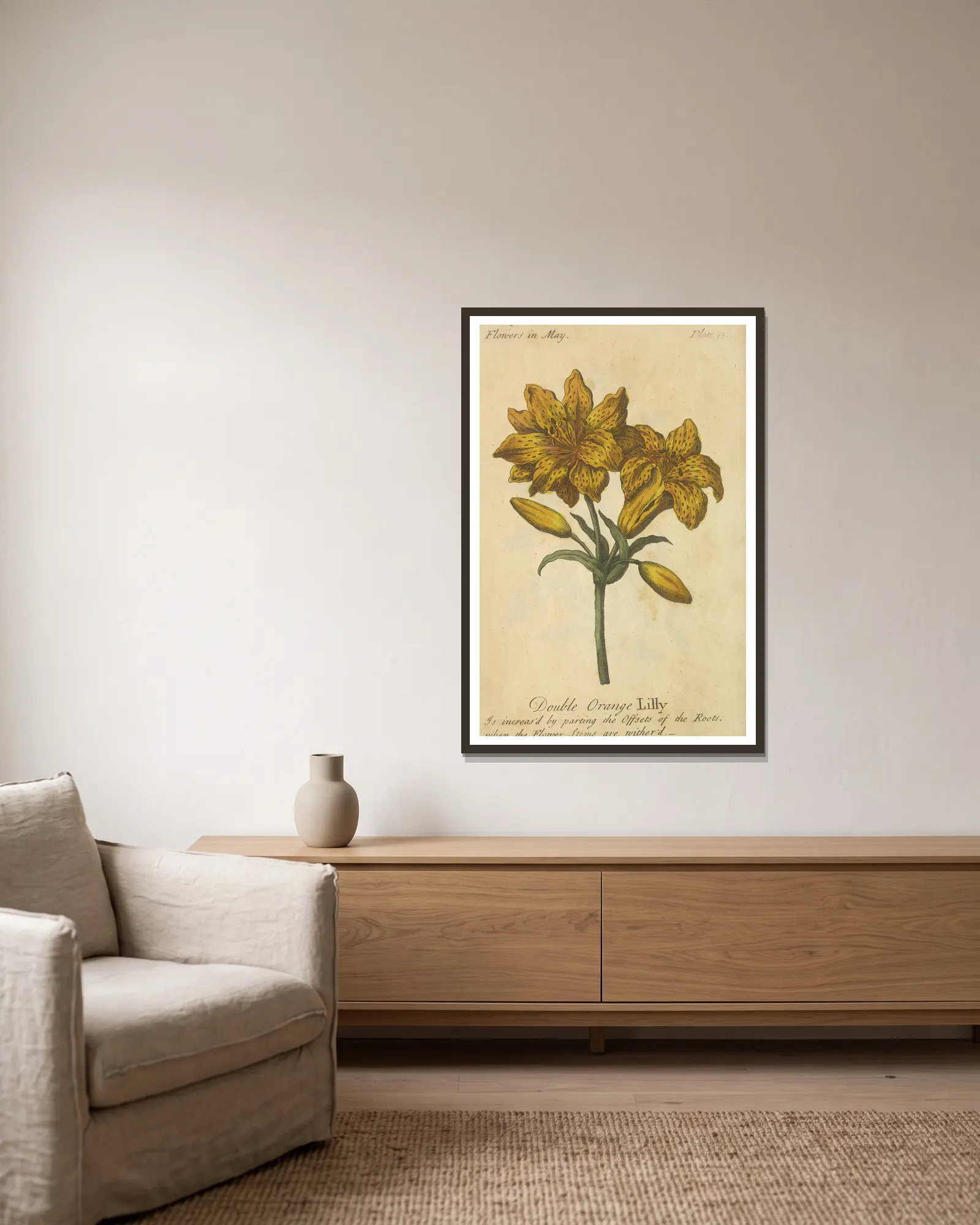 Double Orange Lily av J. Duke inramad på en vägg