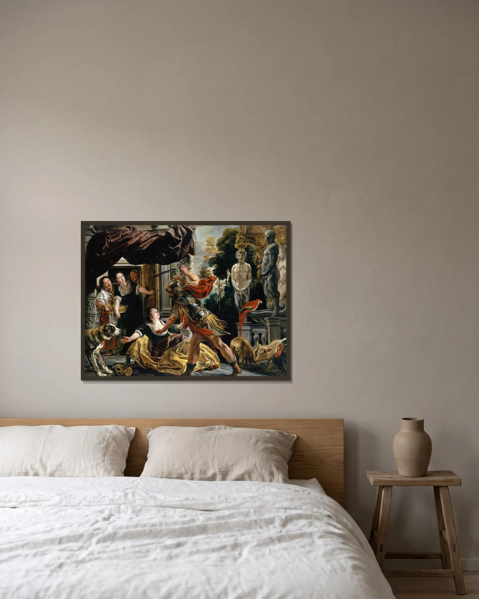 Ulysses Threatening Circe av Jacob Jordaens inramad på en vägg