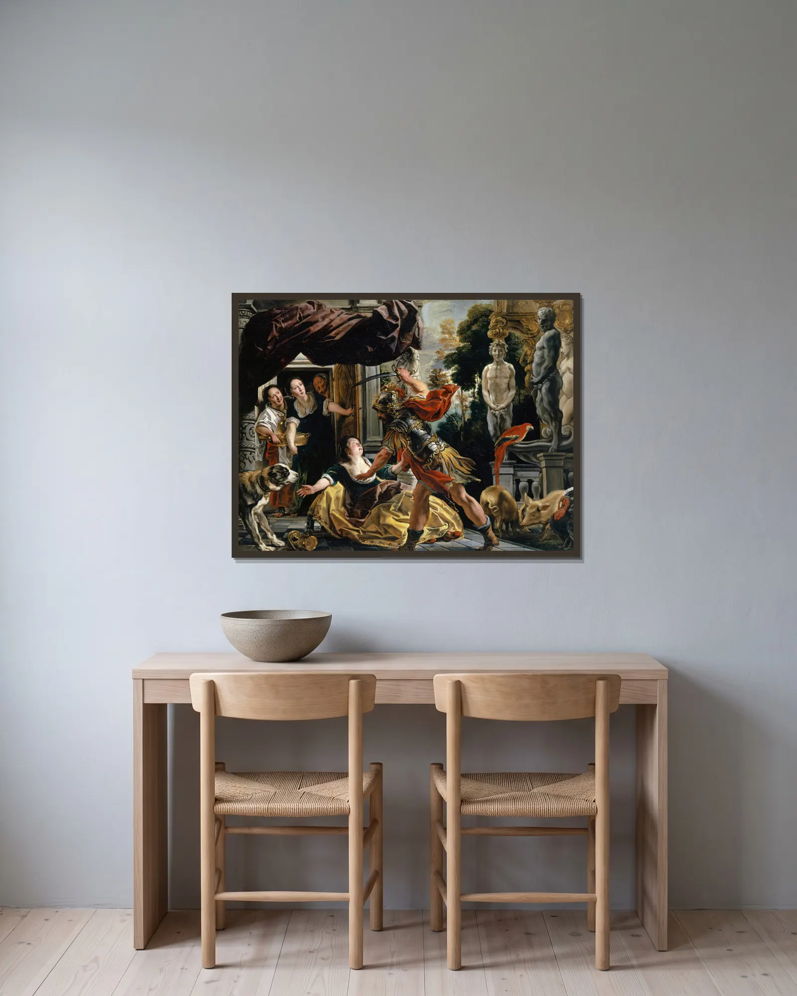 Ulysses Threatening Circe av Jacob Jordaens inramad på en vägg