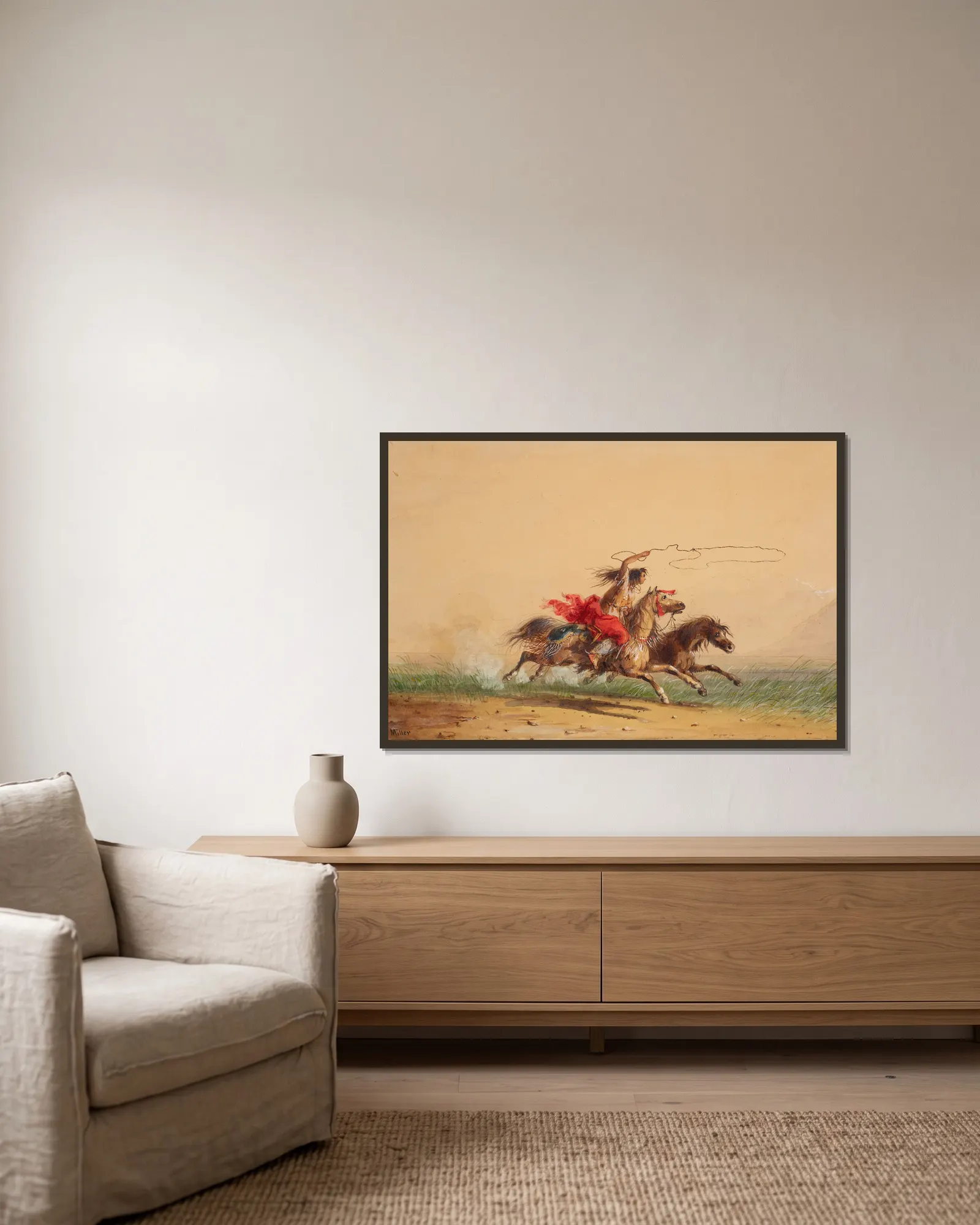 Lassoing Wild Horses av Alfred Jacob Miller inramad på en vägg