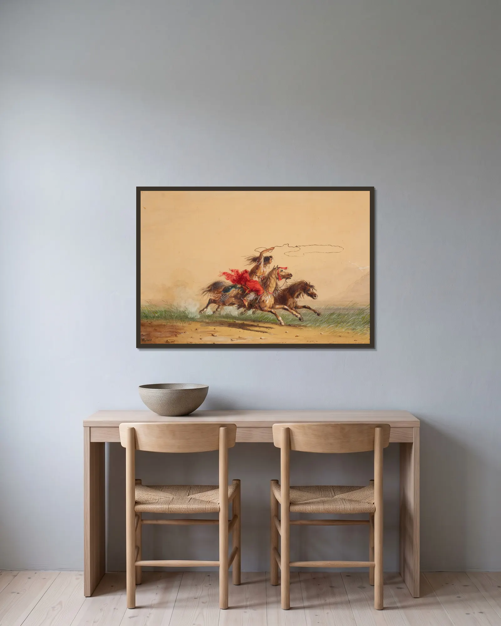 Lassoing Wild Horses av Alfred Jacob Miller inramad på en vägg