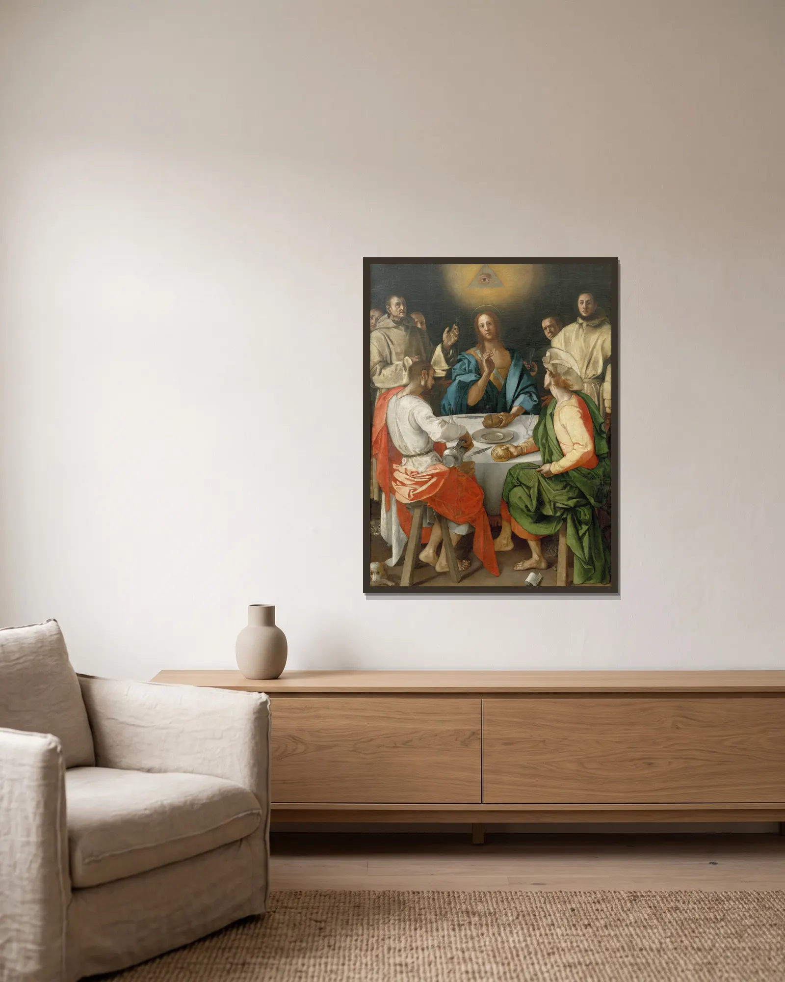 Supper at Emmaus av Pontormo (Jacopo Carucci) inramad på en vägg