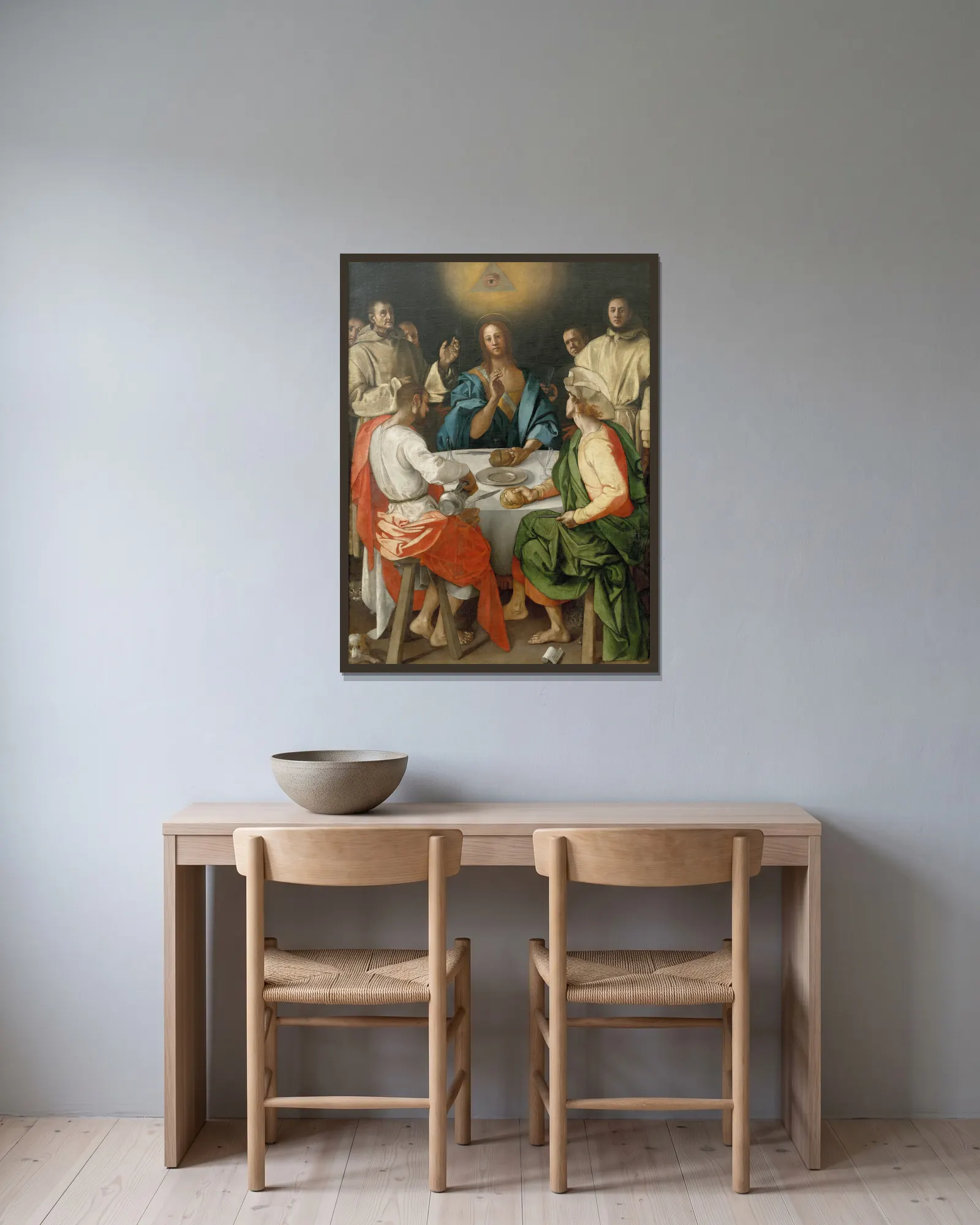 Supper at Emmaus av Pontormo (Jacopo Carucci) inramad på en vägg