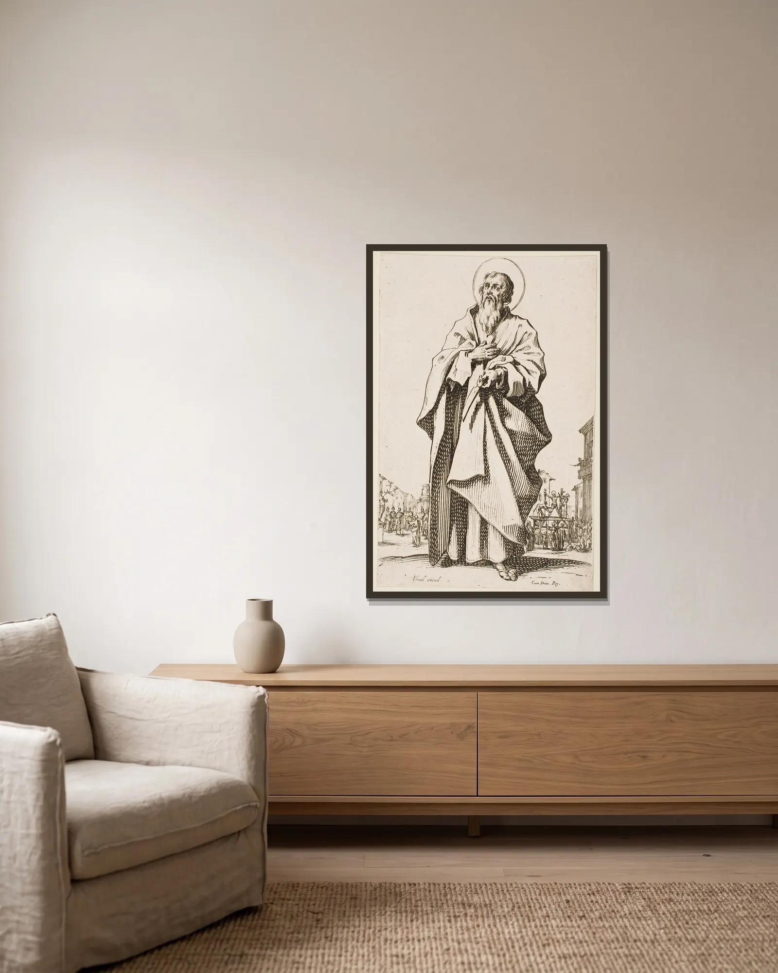 St. Bartholomew av Jacques Callot inramad på en vägg