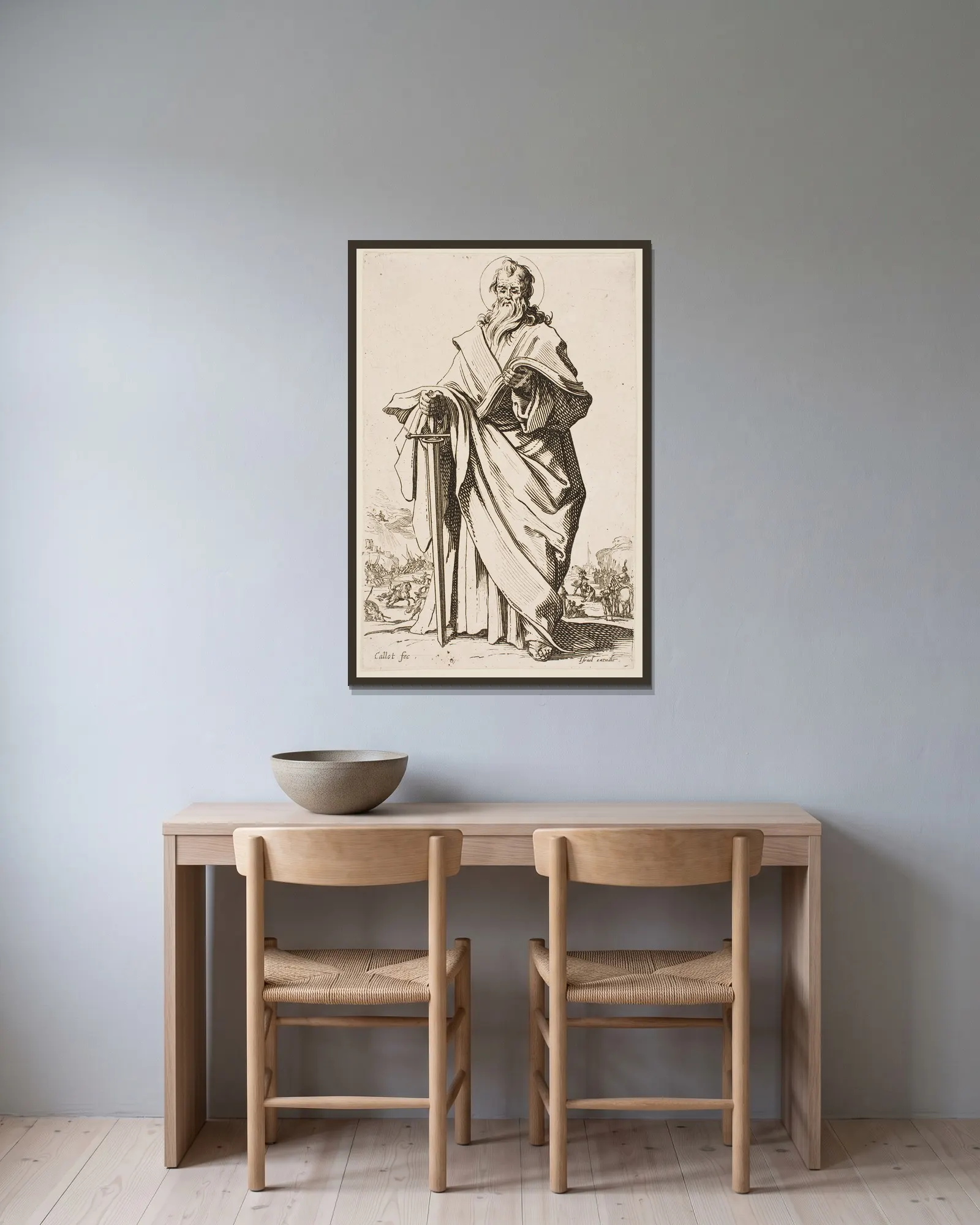 St. Paul av Jacques Callot inramad på en vägg