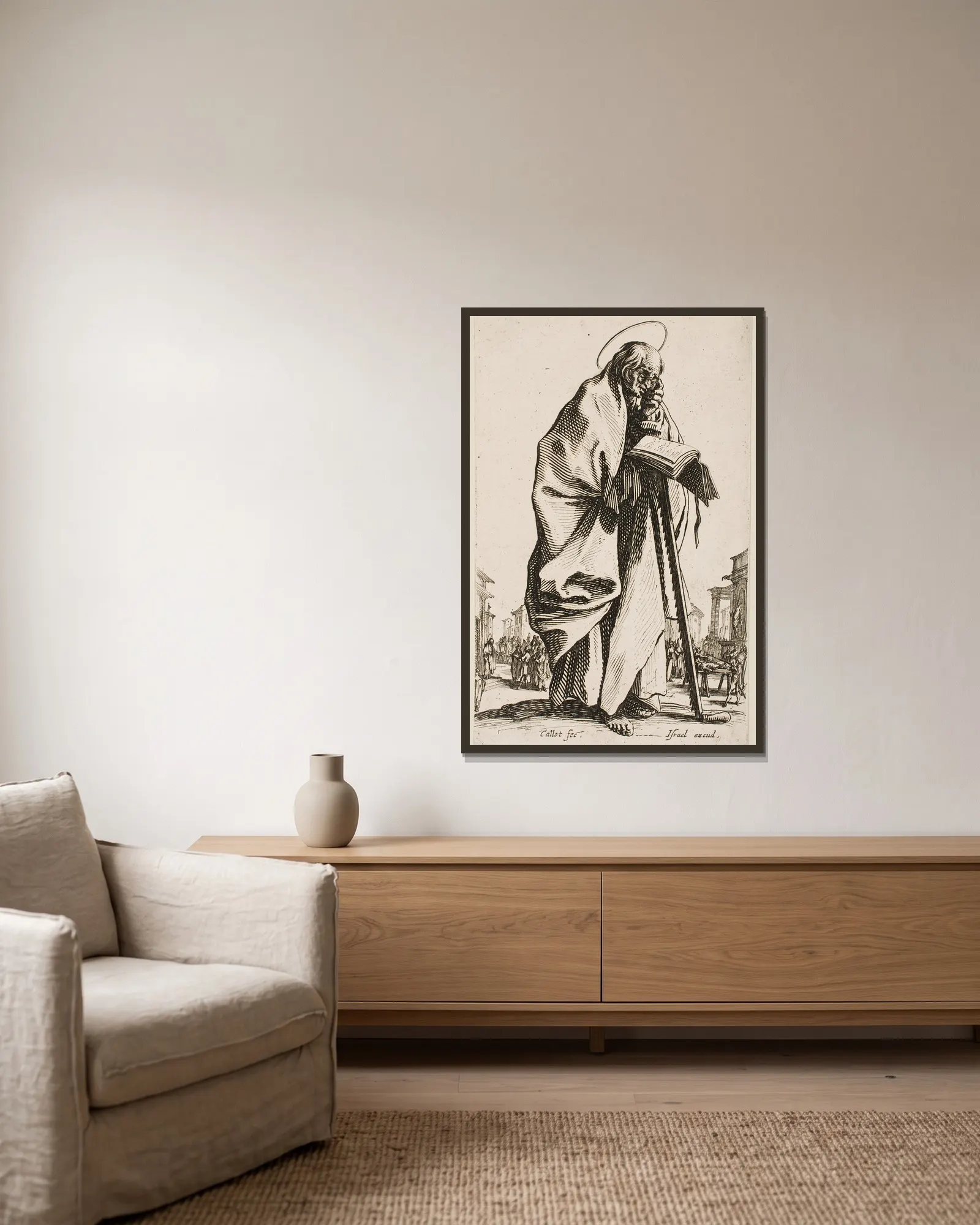 St. Simon av Jacques Callot inramad på en vägg
