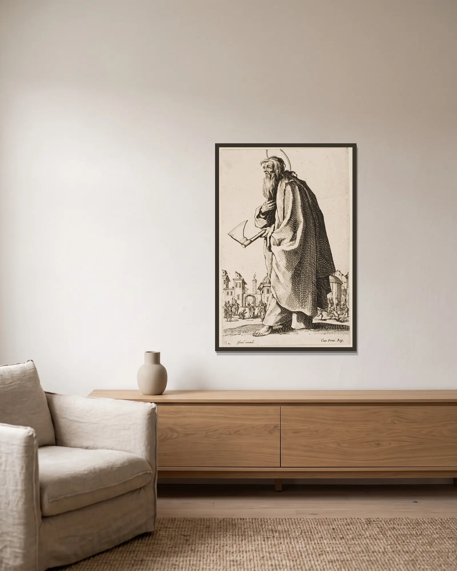 St. Thaddeus or St. Jude av Jacques Callot inramad på en vägg