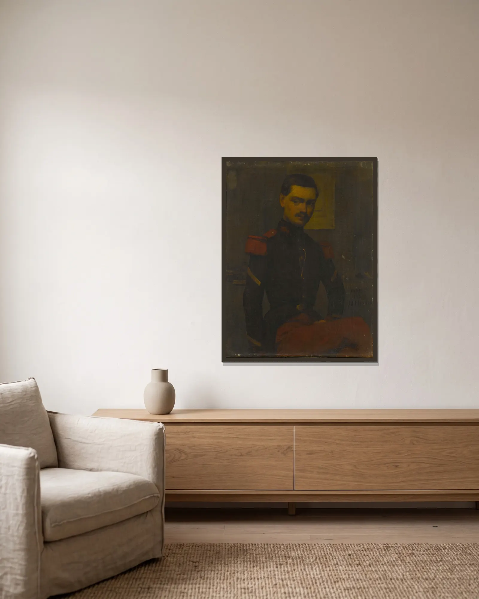 Portrait du Sergent Fourrier av Jean-Jacques Henner inramad på en vägg