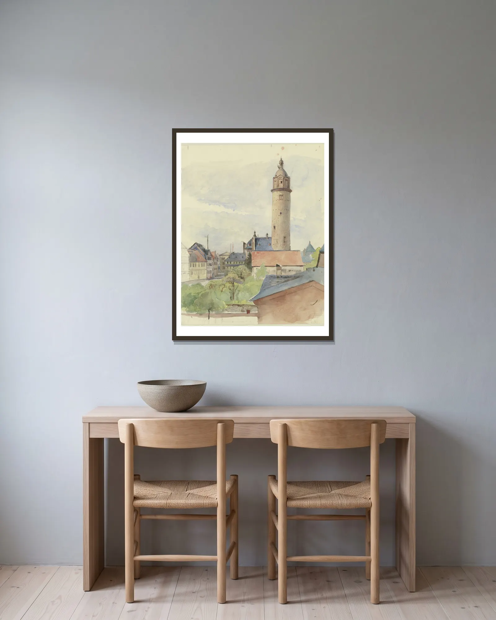 Höchst castle av Jakob Becker inramad på en vägg