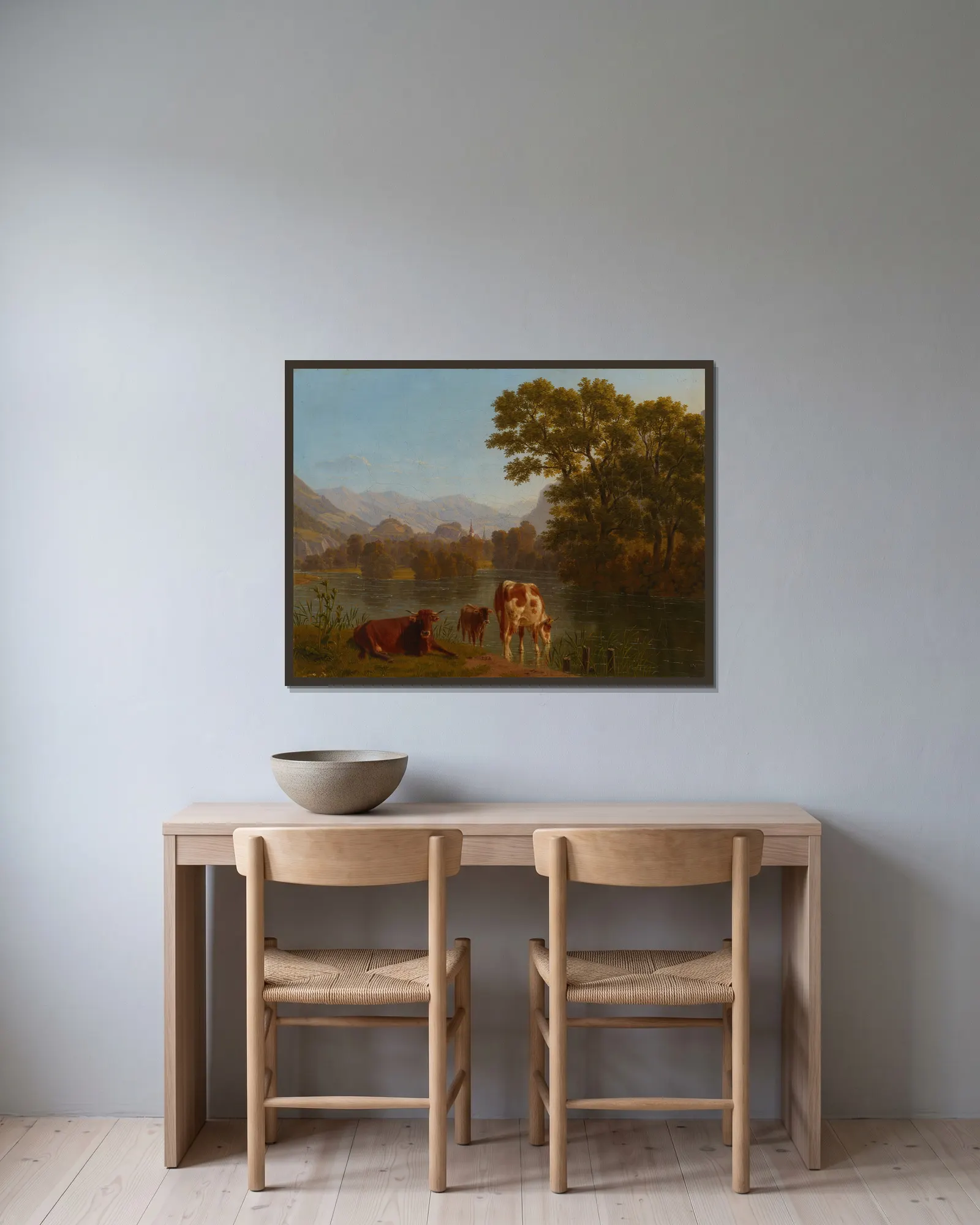 Aarelandschaft av Johann Jakob Biedermann inramad på en vägg