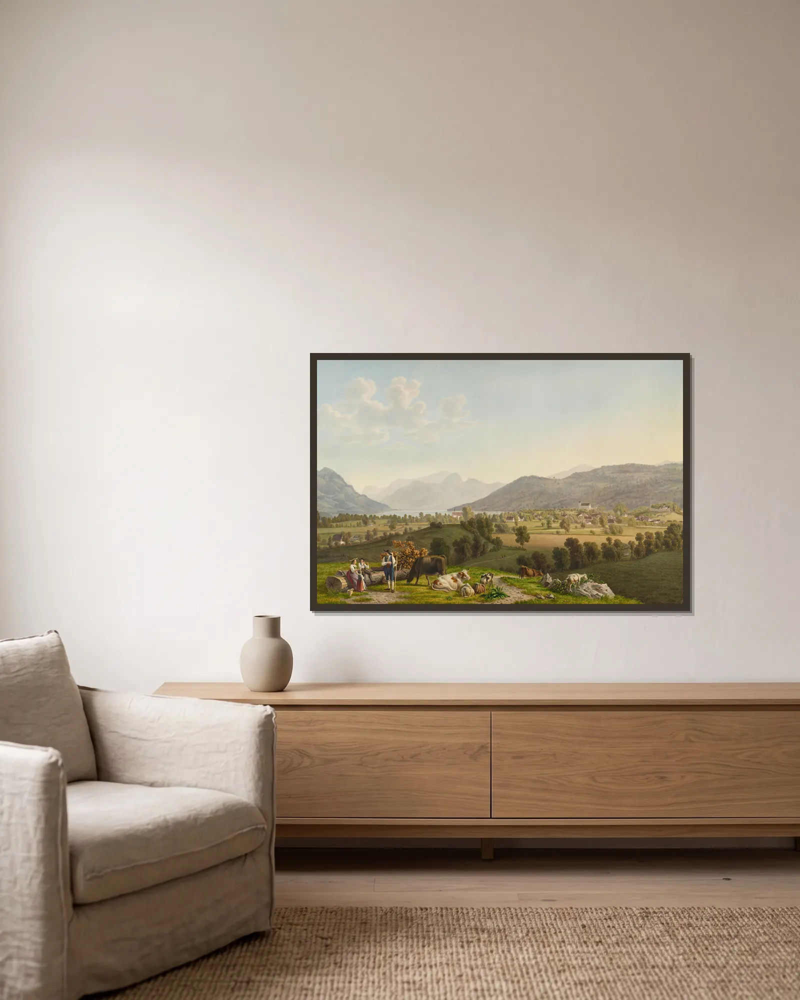 Vue de Sarnen av Johann Jakob Biedermann inramad på en vägg