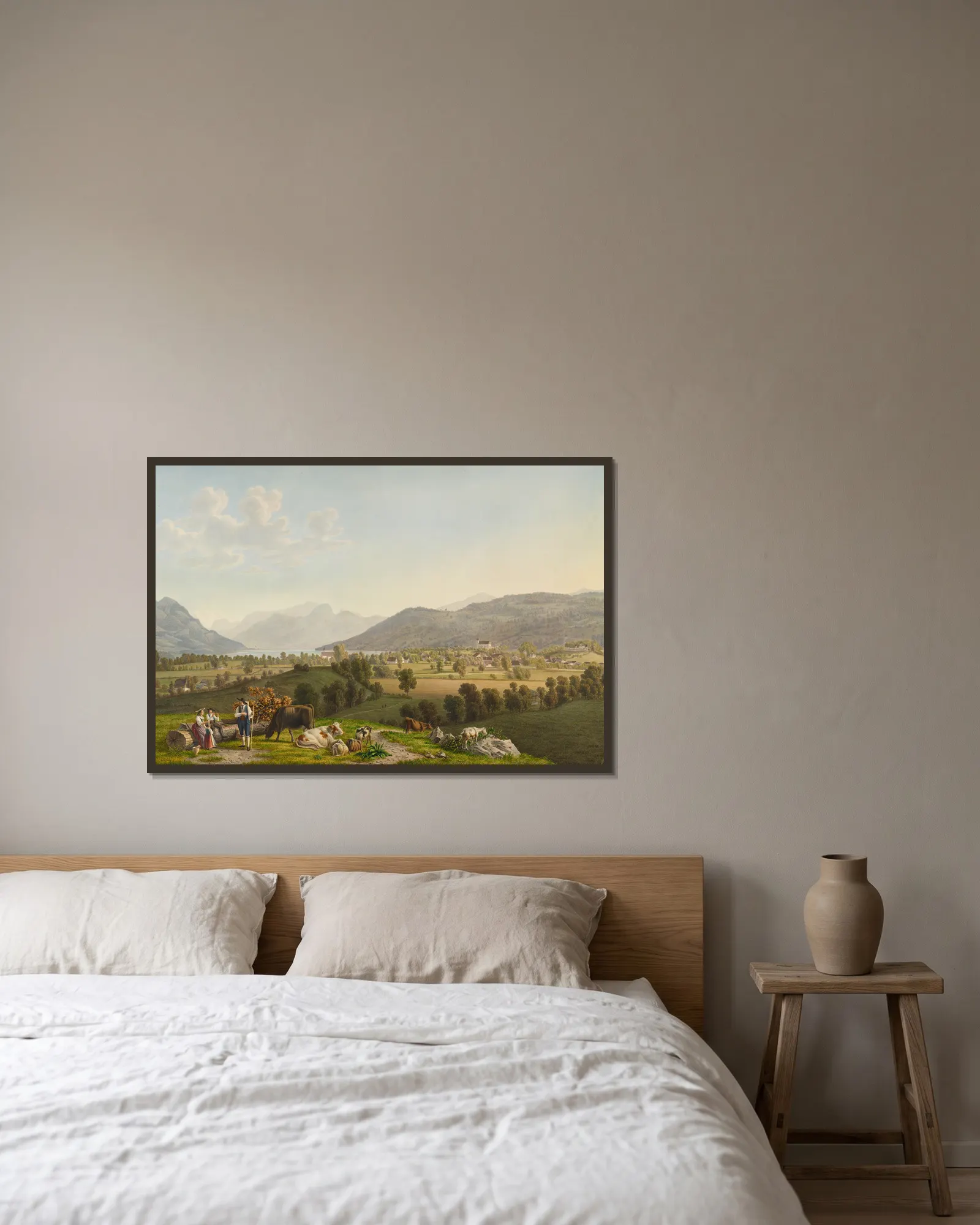 Vue de Sarnen av Johann Jakob Biedermann inramad på en vägg