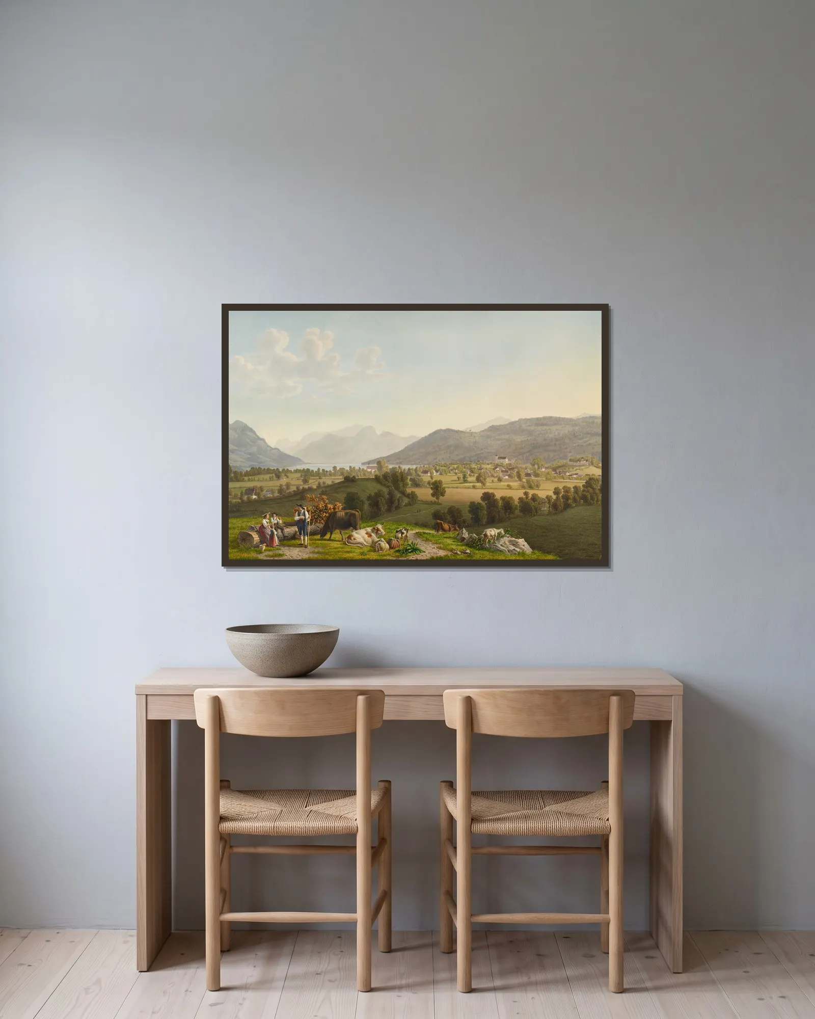 Vue de Sarnen av Johann Jakob Biedermann inramad på en vägg